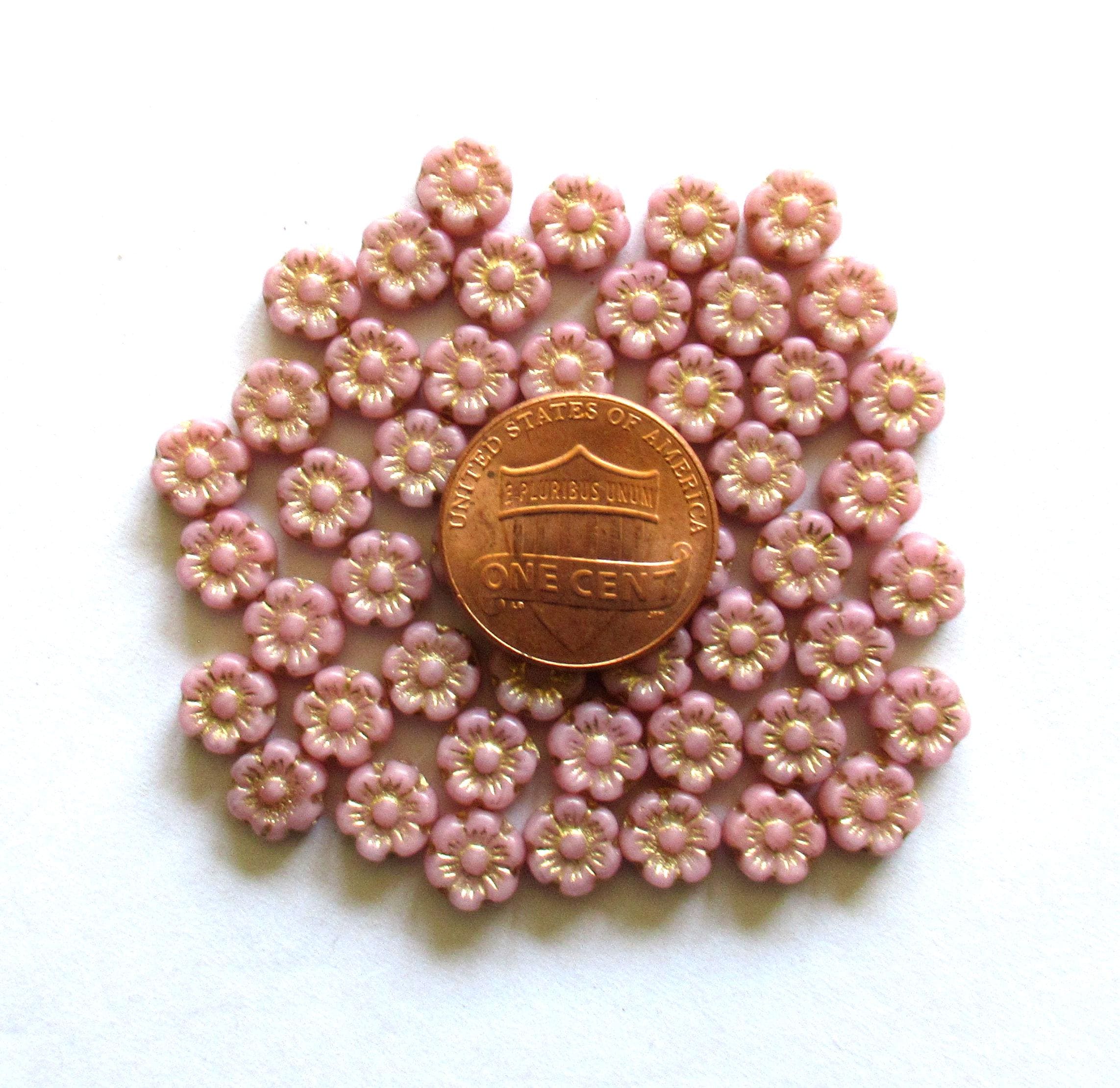 25 small Czech glass flower beads - 6mm - opaque pink with a gold wash - C0078