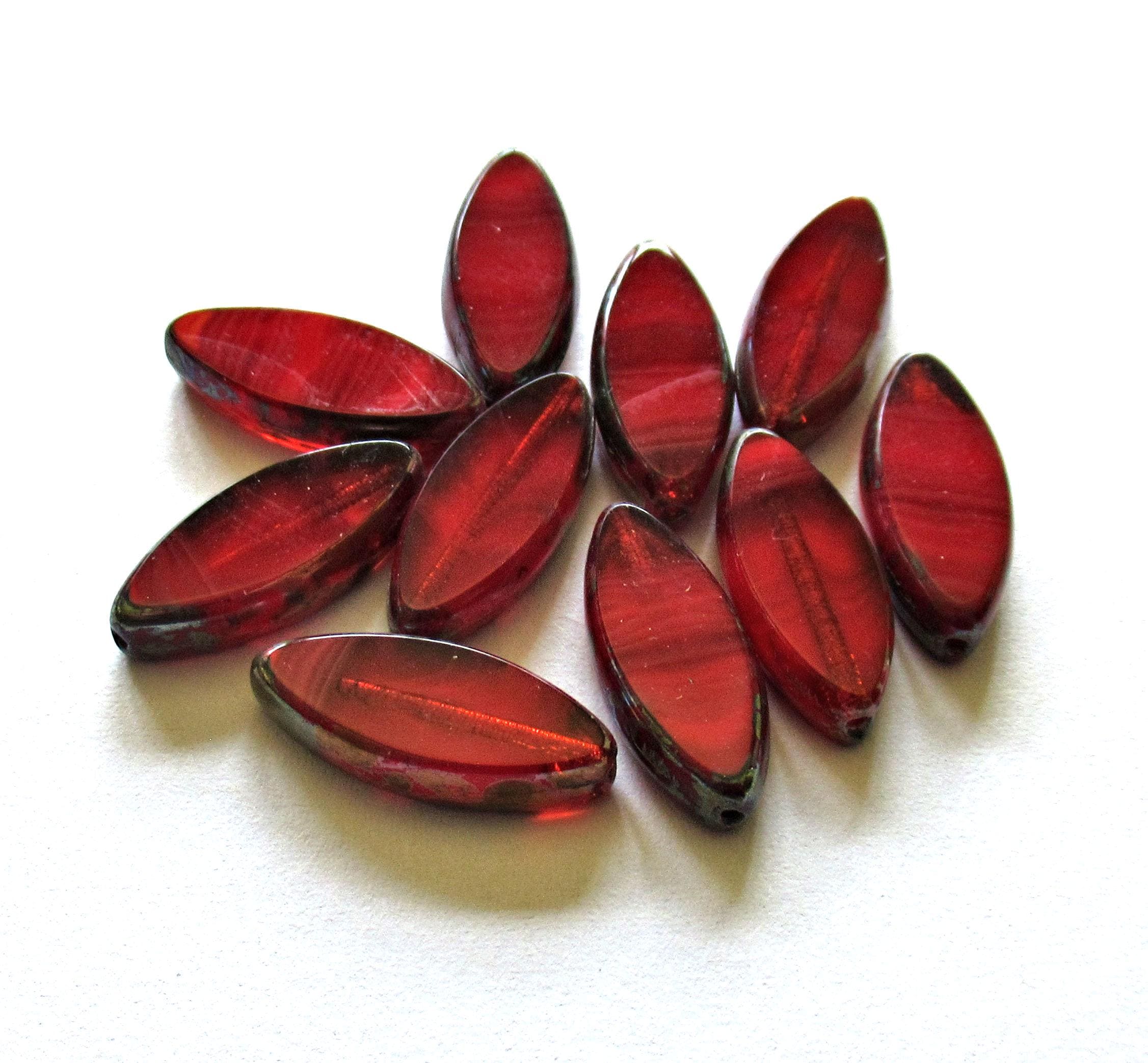 Ten Czech glass spindle beads - 18 x 7mm - opaque & transparent red silk - table cut almond shaped tube beads C00113