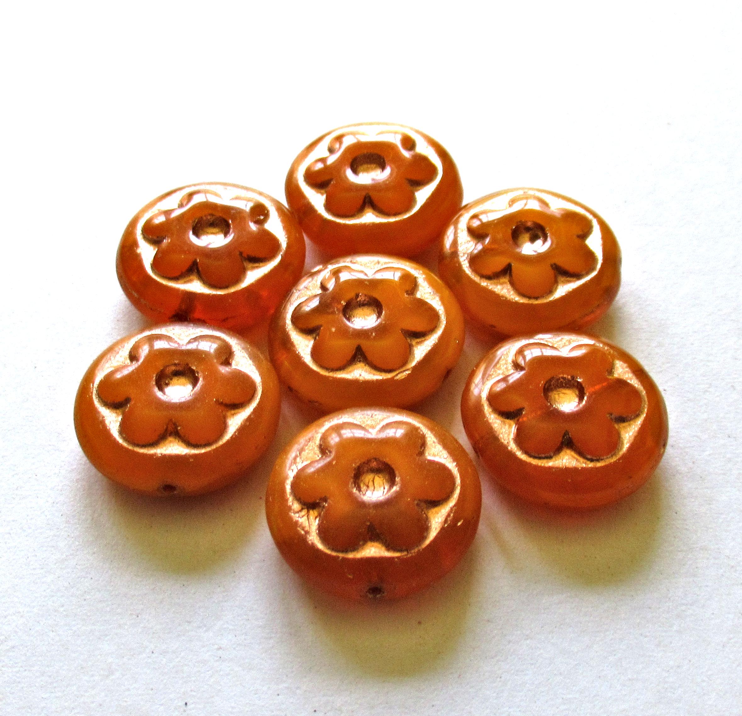 6 Czech glass flower coin beads - 17mm - orange opal w/ a copper wash - retro, groovy flower power beads - C00391