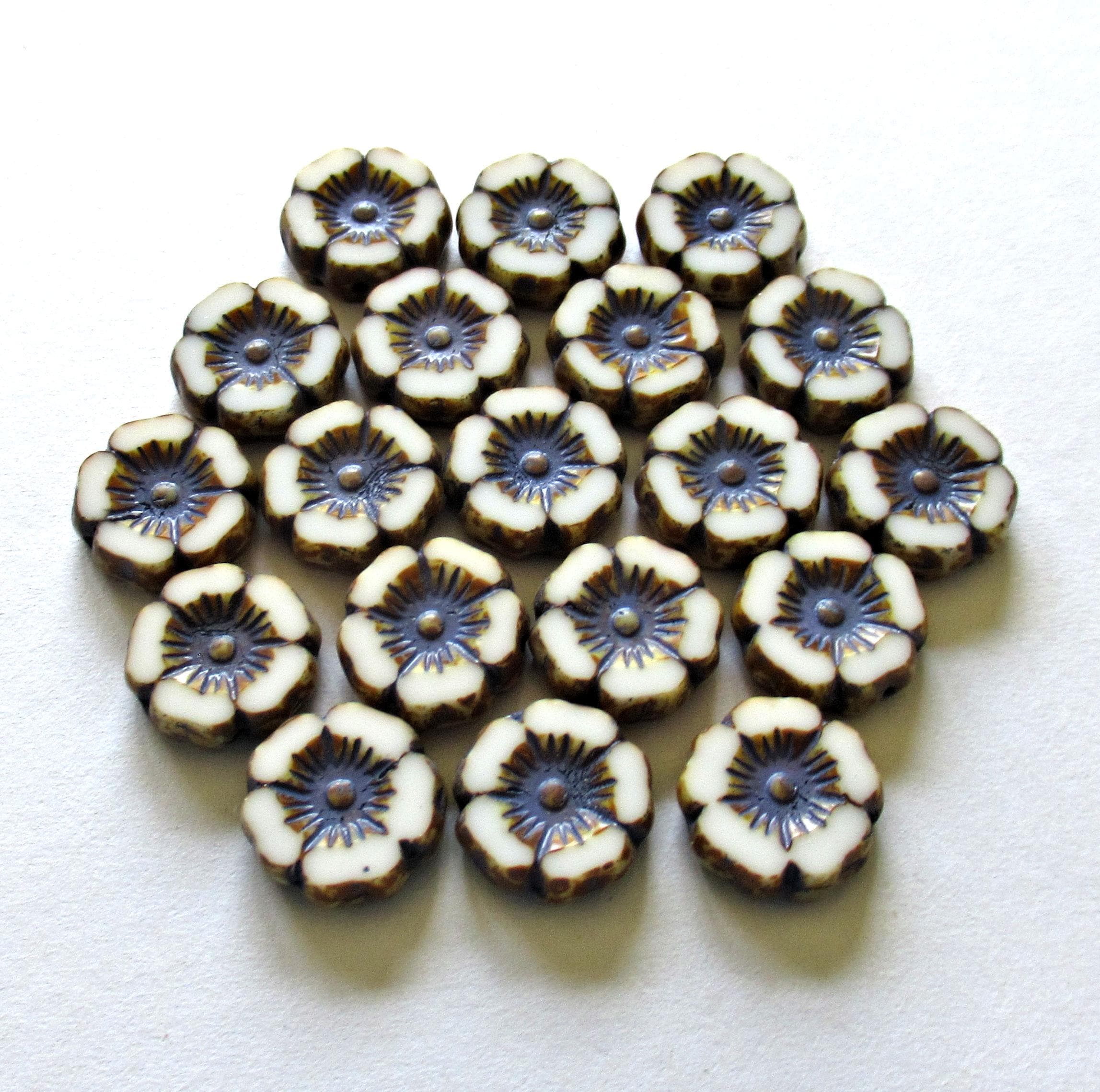 8 Czech glass flower beads - 12mm table cut, carved - opaque white picasso Hawaiian flower beads with a dark purple wash - C00561