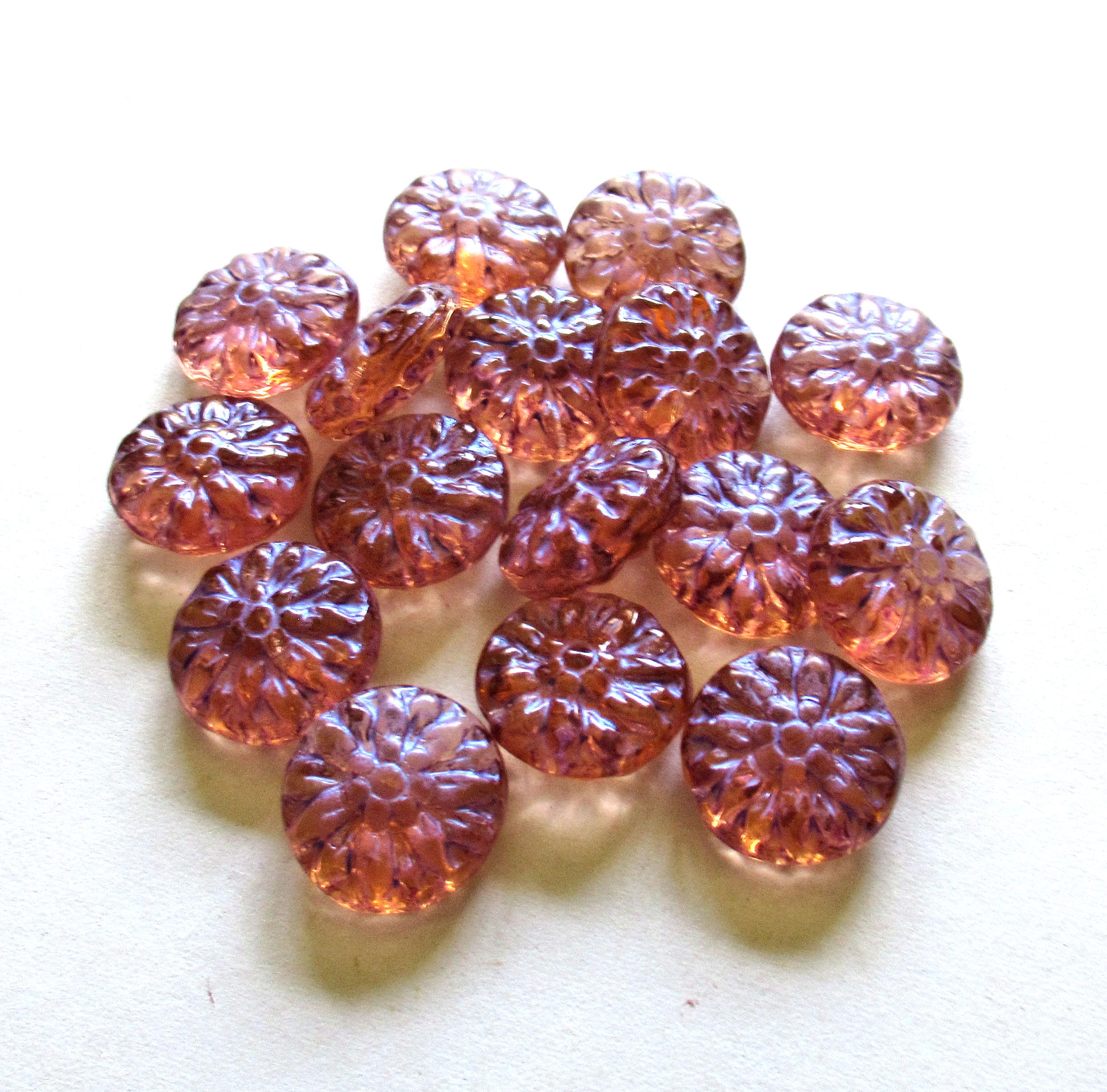 Six Czech glass Dahlia flower beads - 15mm - transparent pink w/ iridescent finish - puffy coin or disc beads - C00131