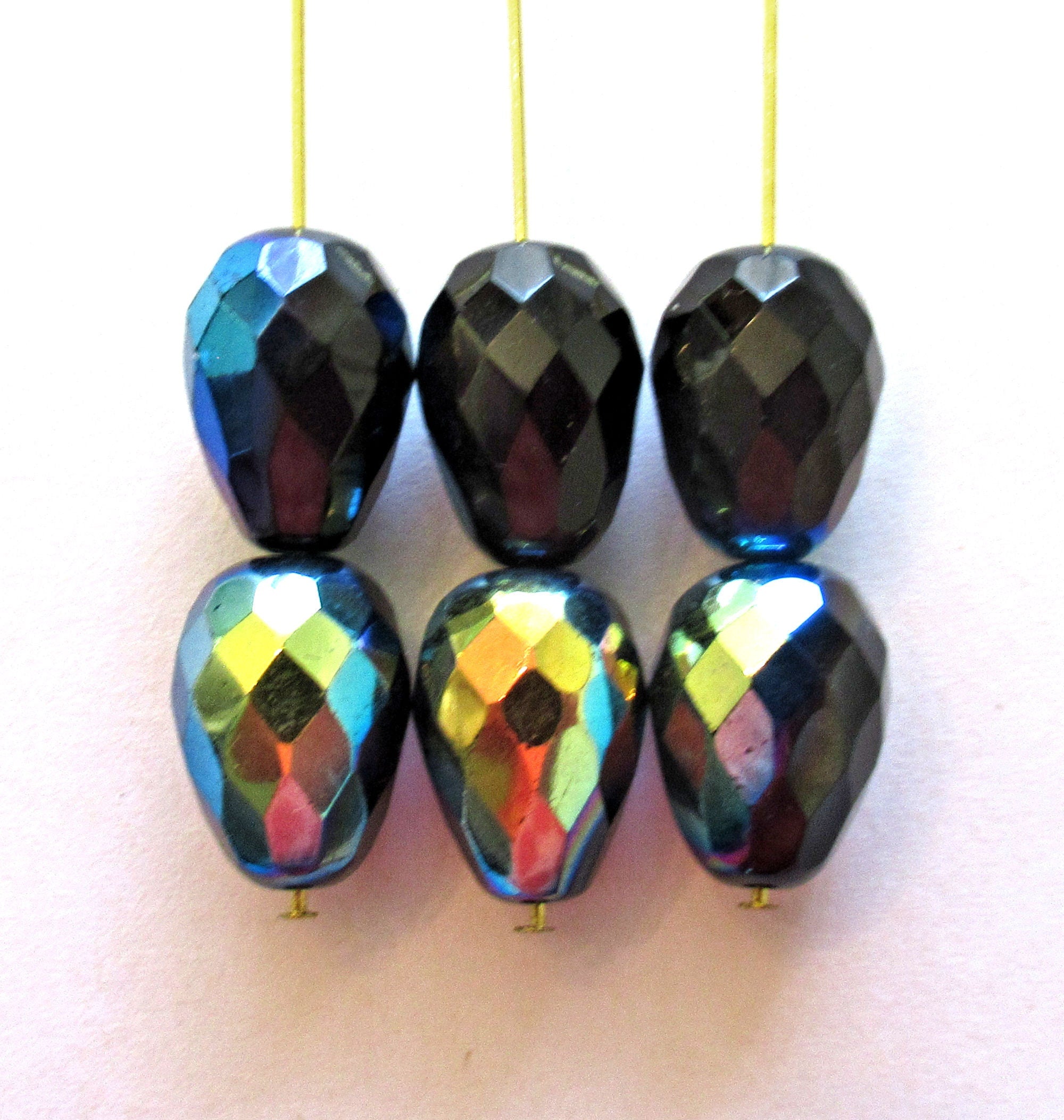 Six large Czech glass teardrop beads - Jet Black AB - 16 x 12mm faceted fire polished drop beads C00871