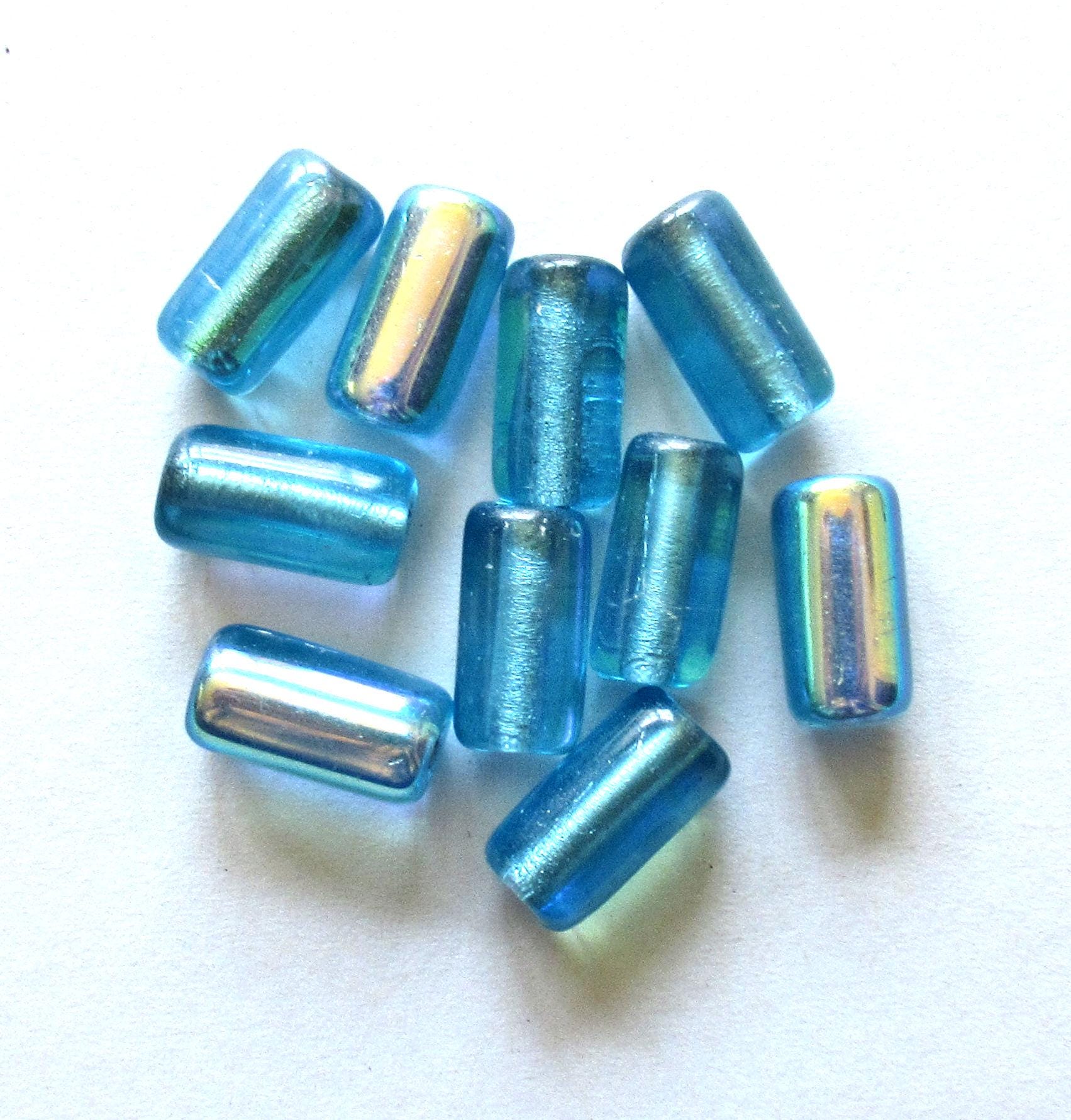 Ten Czech glass tube beads - aqua blue AB w/ big 2mm holes - 7 x 14mm - C00522