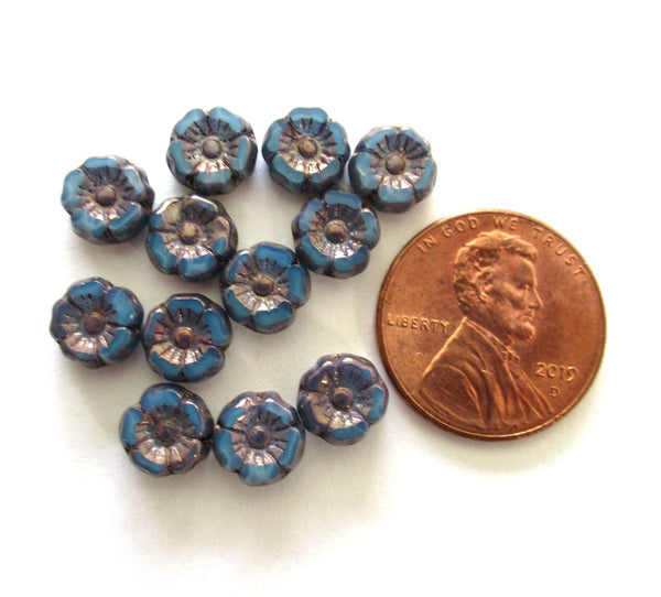 12 small Czech glass flower beads - 7mm opaque silky blue Hawaiian flowers w/ bronze picasso accents - table cut, carved floral beads C00011