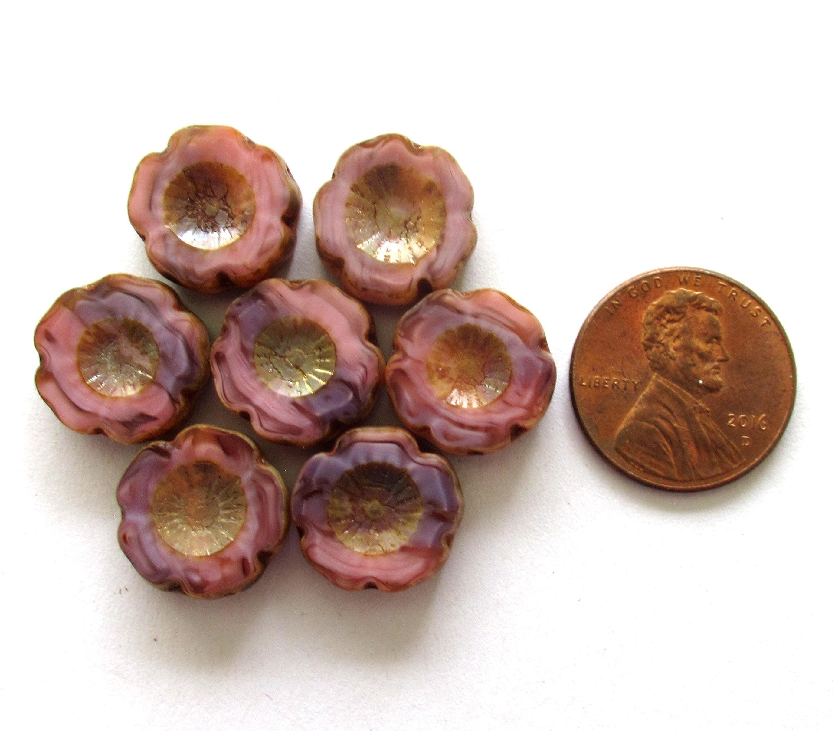 Six 14mm Czech glass flower beads - opaque marbled pink &, purple picasso - table cut - carved - Hawaiian hibiscus flower beads - C00661