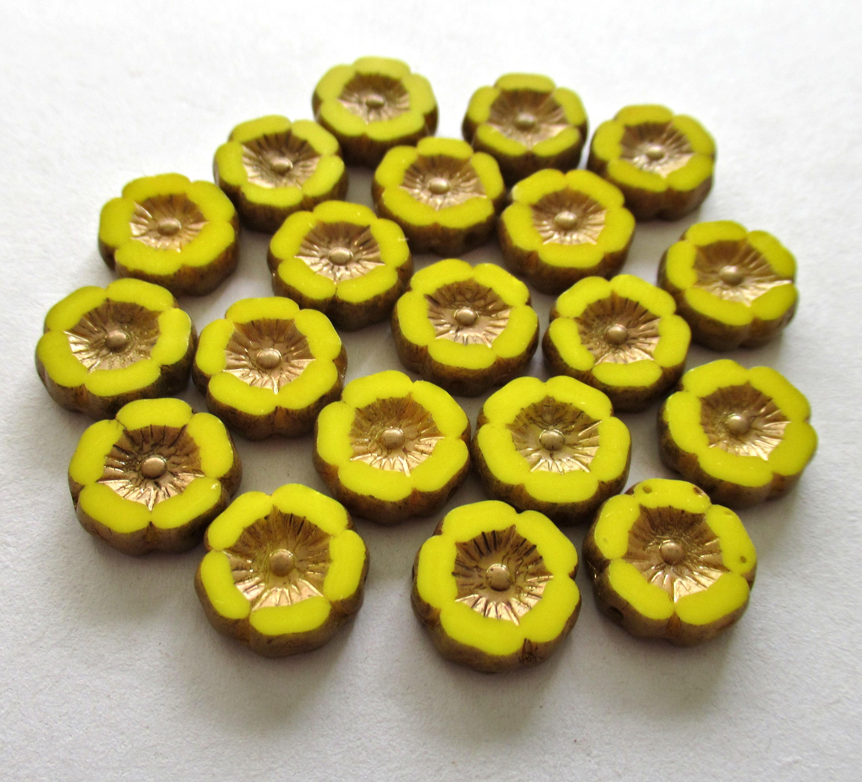 Ten 12mm Czech glass flower beads - opaque bright yellow with bronze picasso accents - table cut carved Hawaiian floral beads C00291