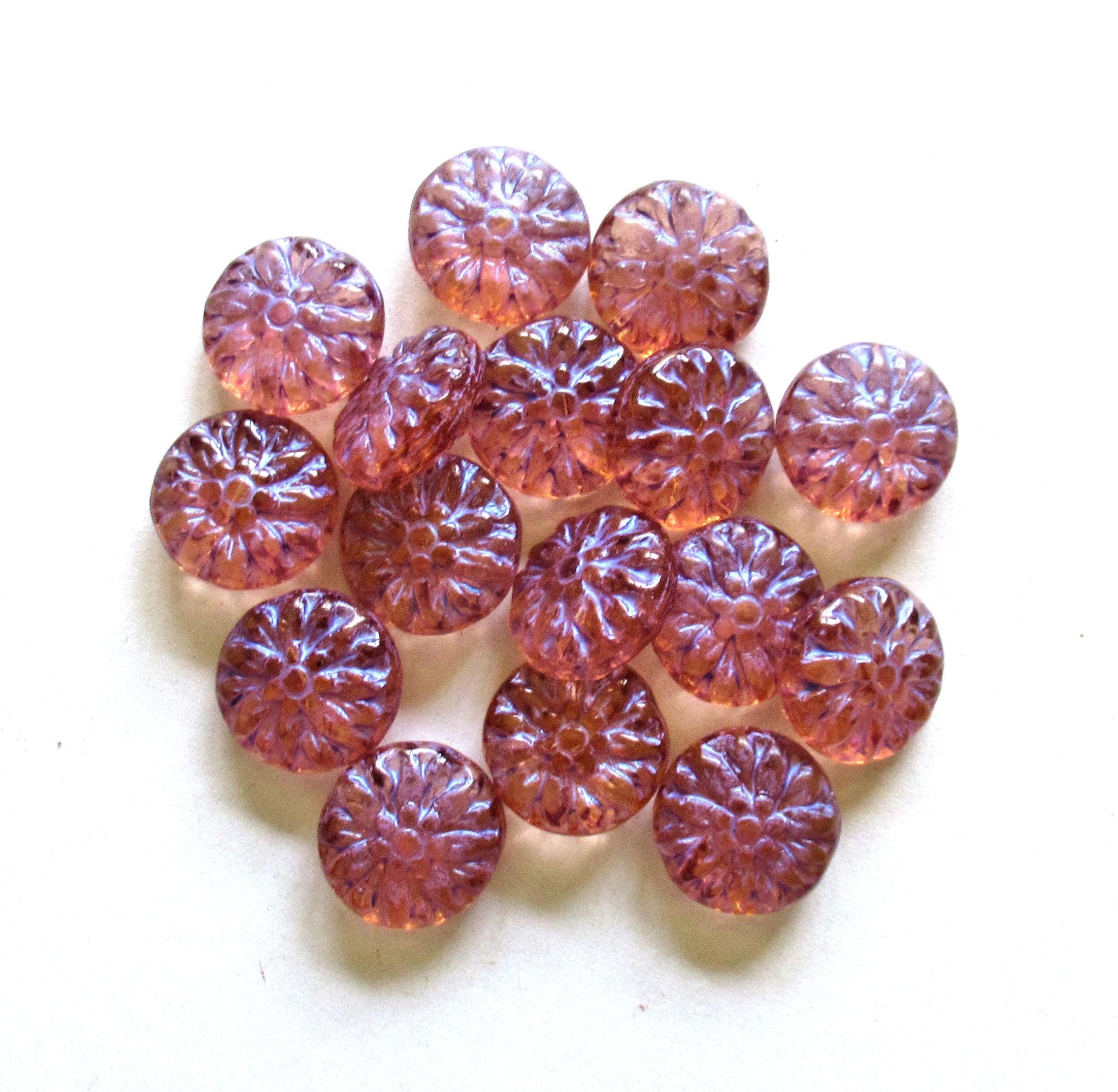 Six Czech glass Dahlia flower beads - 15mm - transparent pink w/ iridescent finish - puffy coin or disc beads - C00131