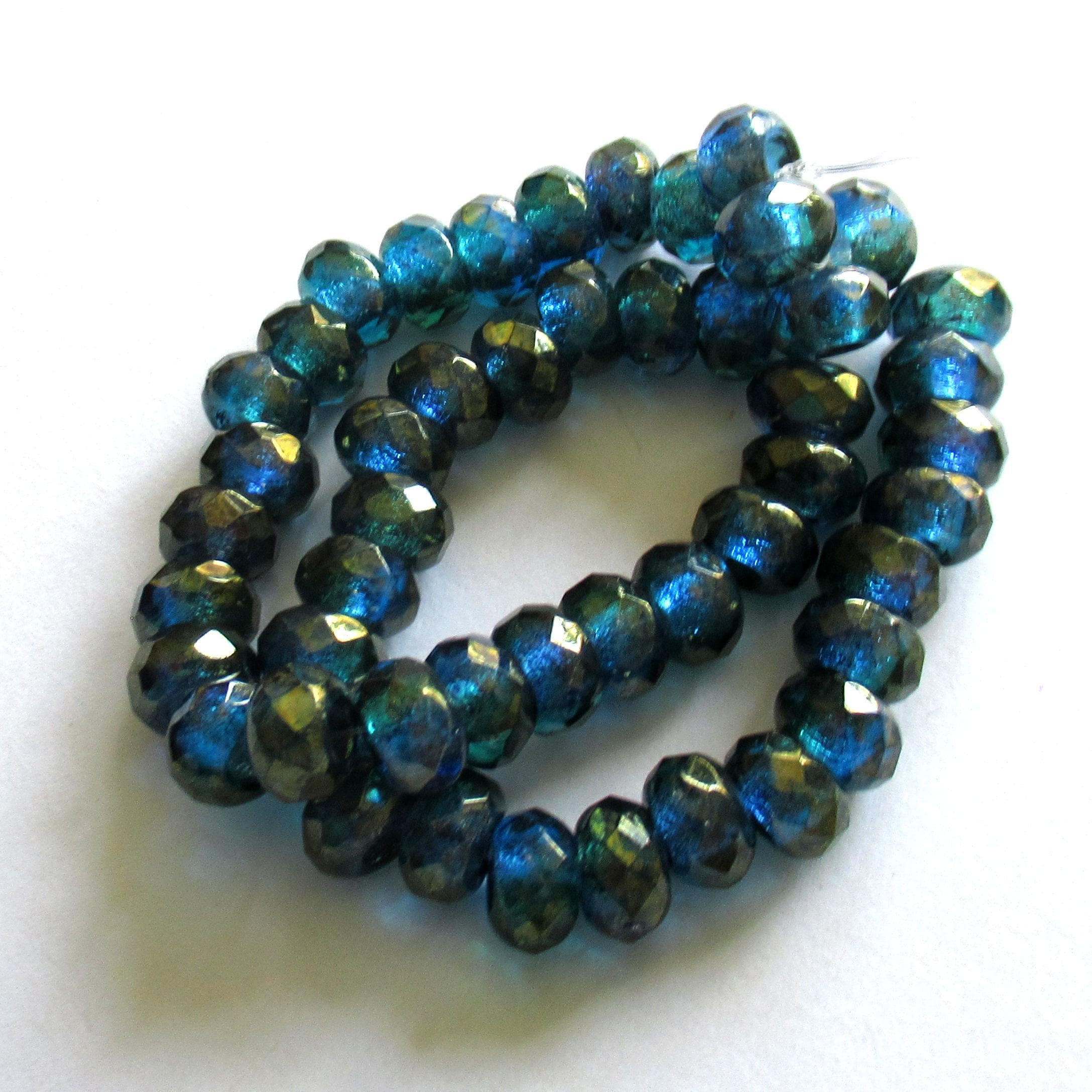 Ten faceted Czech glass roller or rondelle beads - blue & green gold luster - 9 x 6mm - 3mm holes - big hole donut beads - 00441