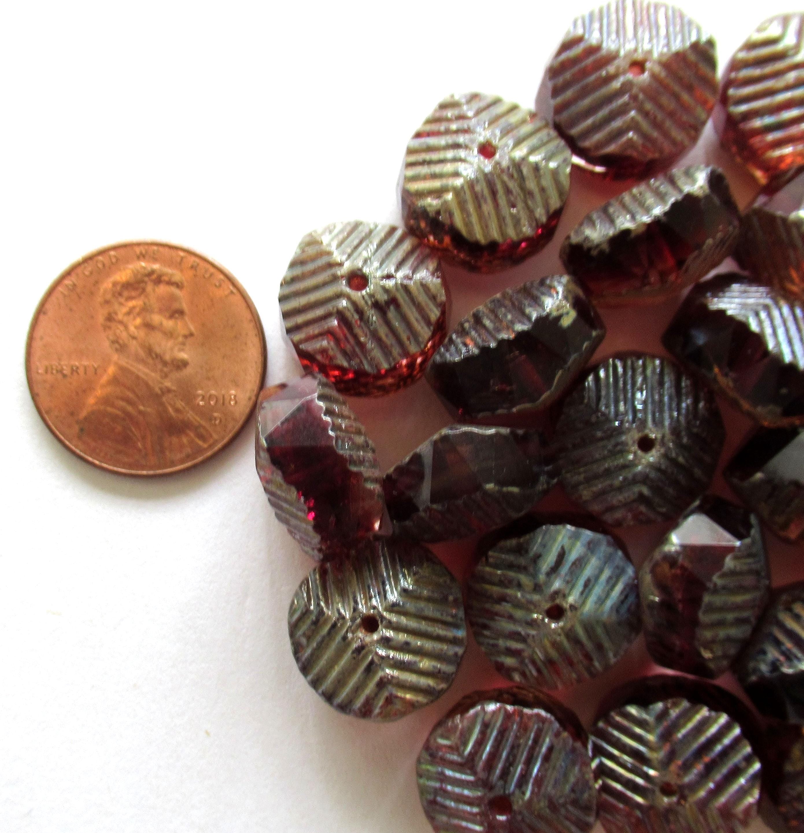 6 Czech glass faceted wavy rondelle beads - large 14 x 6mm deep raspberry pink & crystal chunky statement or focal beads - C00991