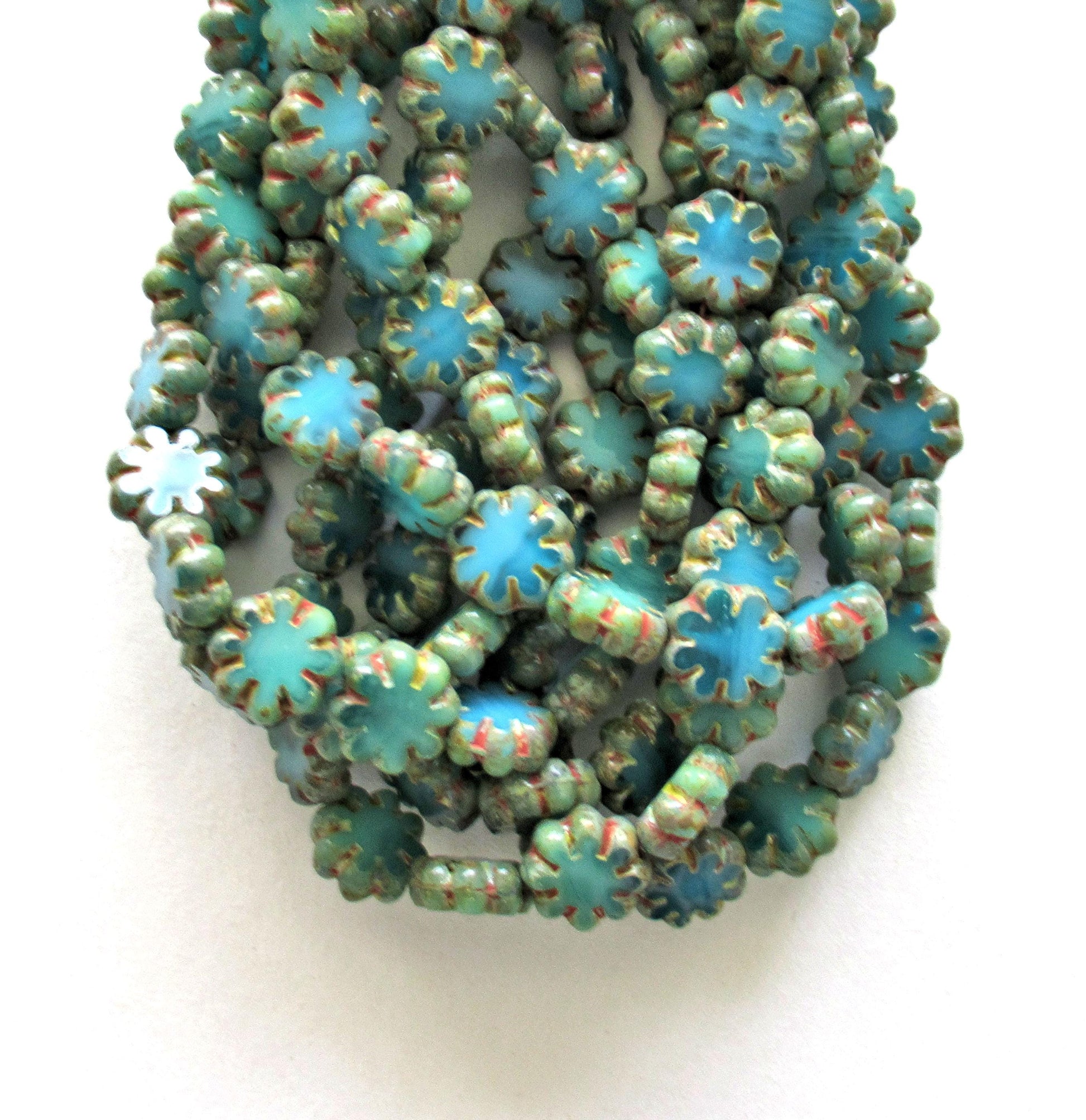 15 Czech glass flower beads - marbled blue & green picasso beads - 9mm - table cut cactus flower beads - C00871 - Glorious Glass Beads