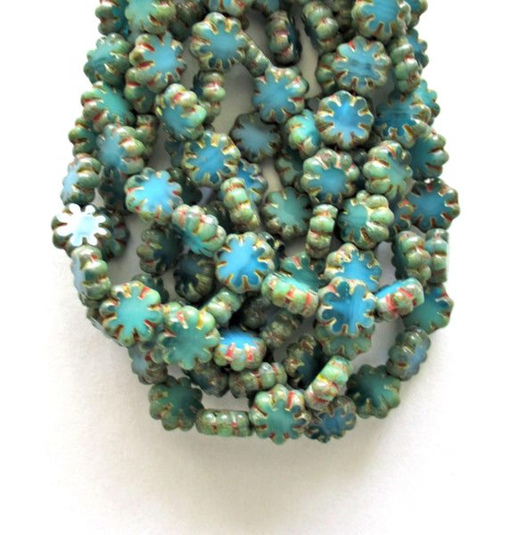 20 Czech glass flower beads - marbled blue & green picasso beads - 9mm - table cut cactus flower beads - C00871