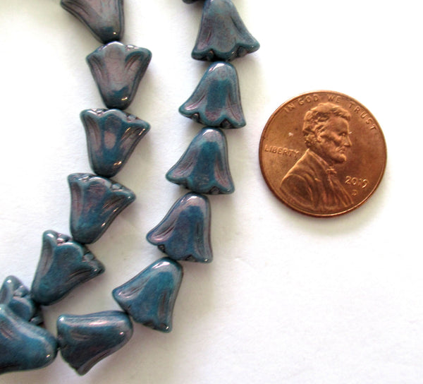15 Czech glass flower beads - 10 x 10mm opaque blue beads with a purple luster finish - lily flower beads - 00441