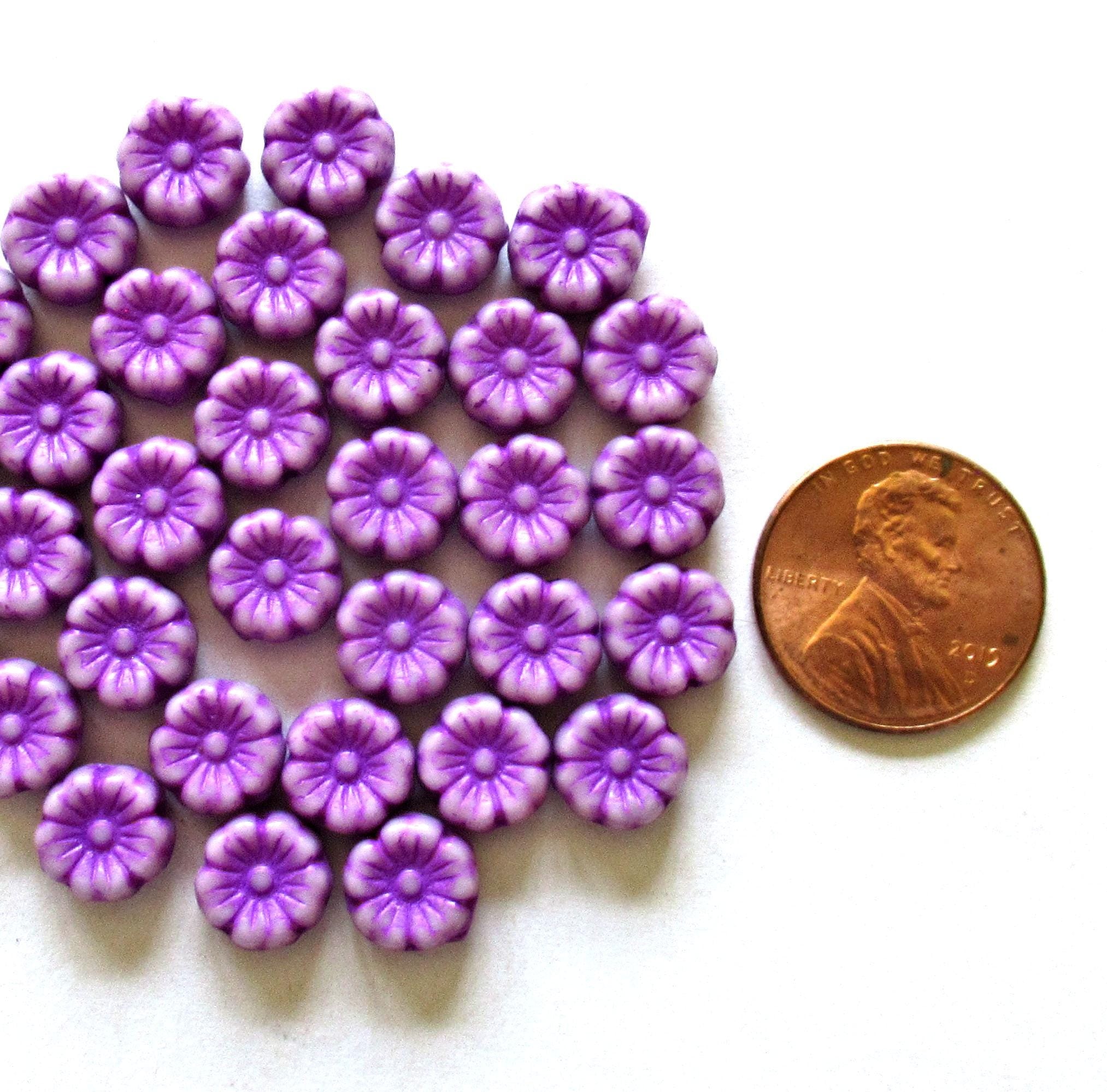 15 Czech glass flower beads - 8mm - opaque white beads with a bright purple wash - Hawaiian hibiscus flower beads - C00601