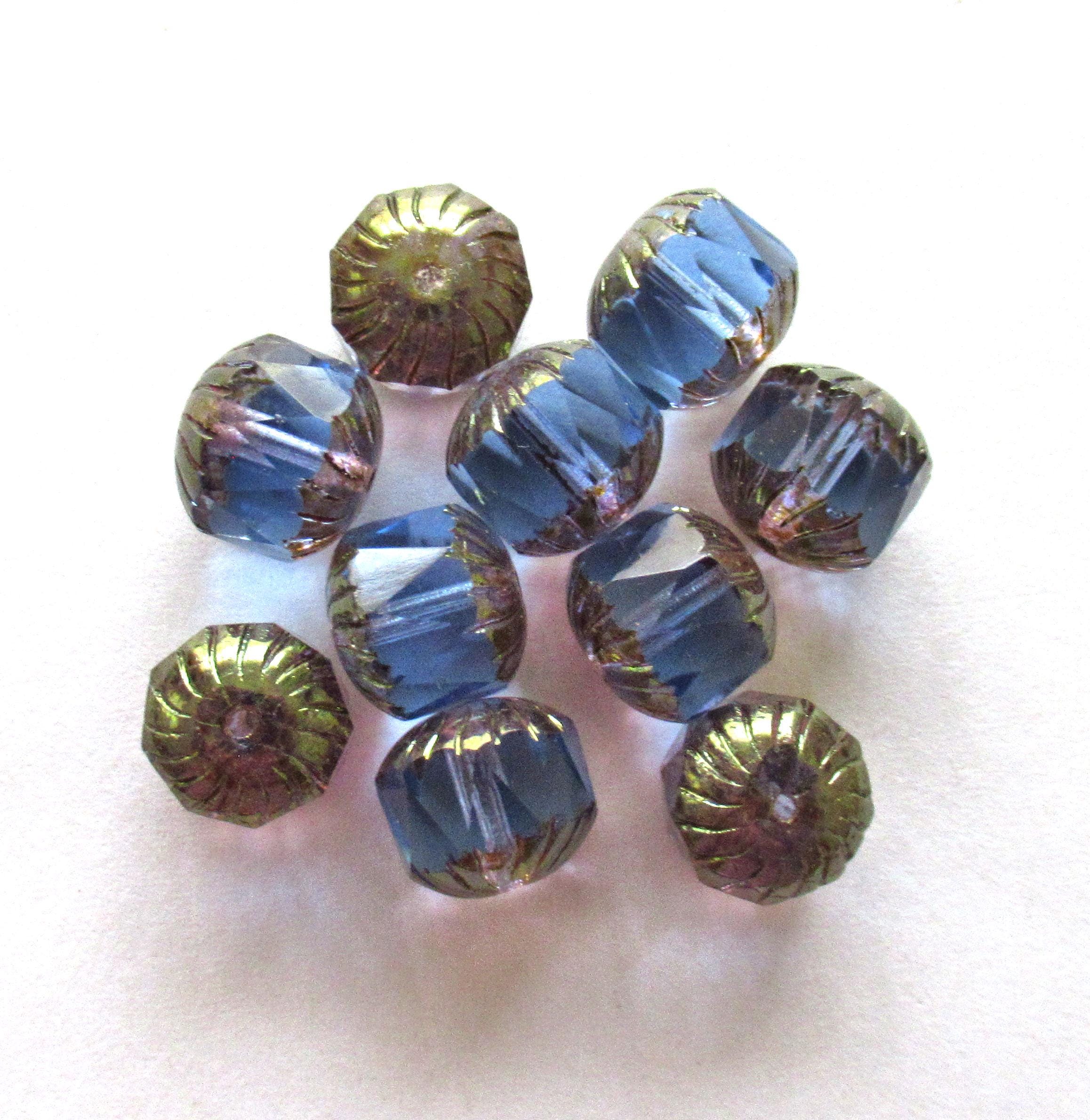 Ten large Czech glass center faceted carved cruller beads - 10mm - round light sapphire blue cathedral beads bronze picasso accents - 00064