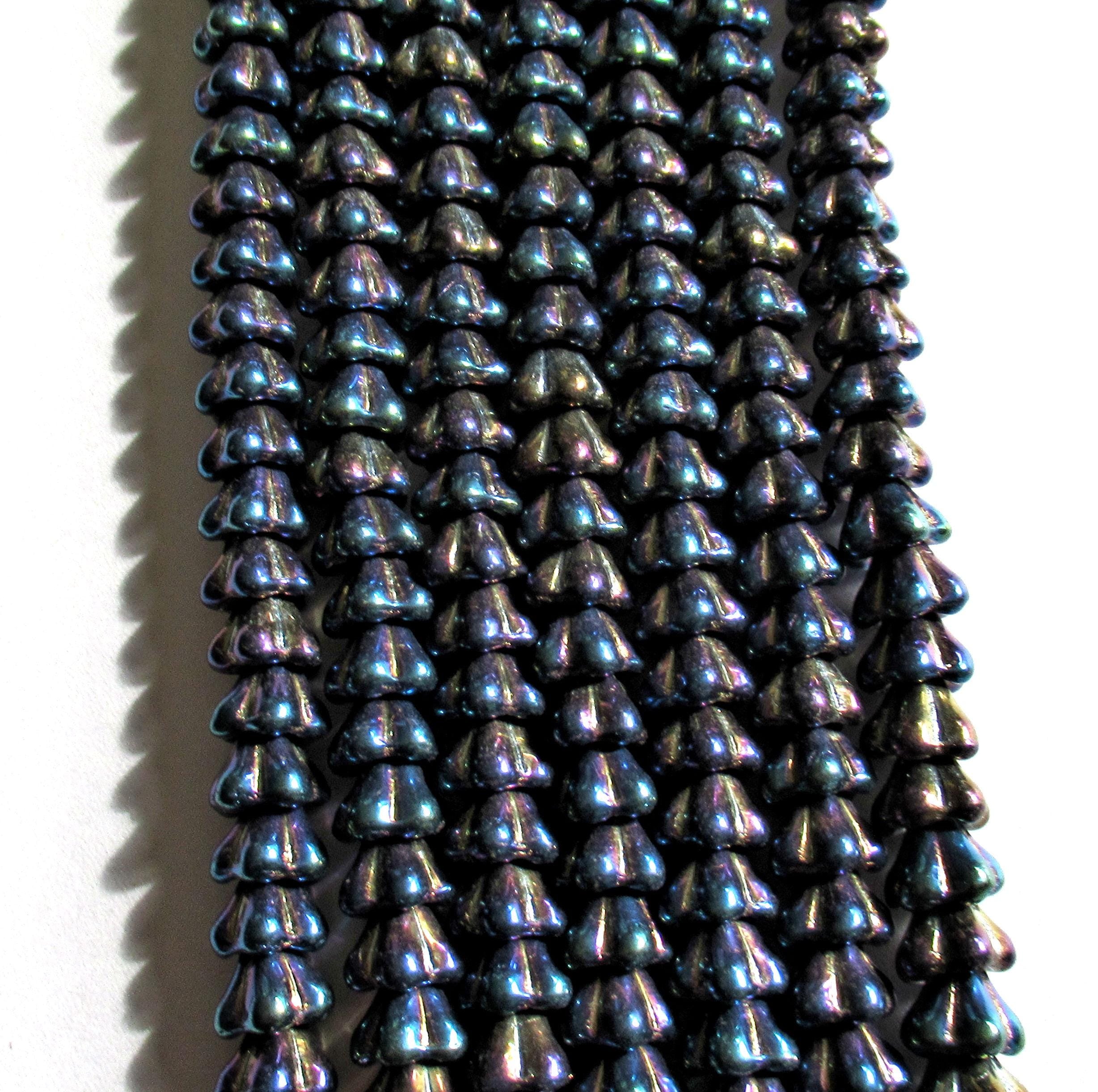 25 Czech glass bell flower beads - dark blue iris pressed glass flower beads - 8 x 6mm - C00066