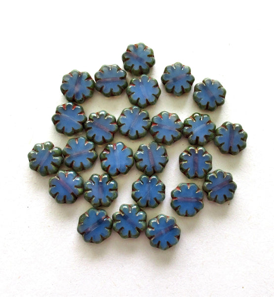 15 Czech glass flower beads - cornflower blue picasso beads - 9mm - table cut cactus flower beads - C00261