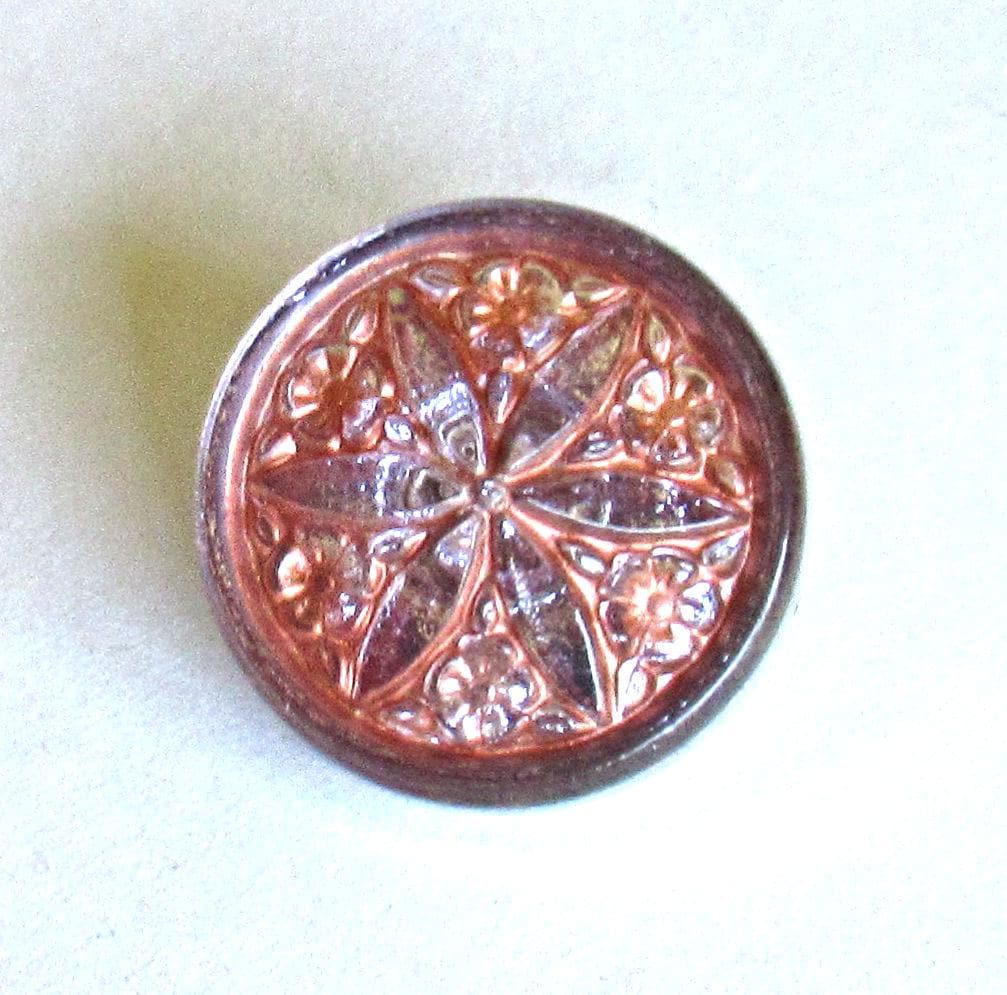 One 18mm Czech glass flower button - pink w/ a copper wash - decorative art glass shank buttons - 00392