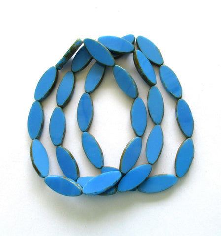 Ten large Czech glass spindle beads - opaque azure blue picasso - 20 x 9mm -table cut - almond shaped oval beads - C00122