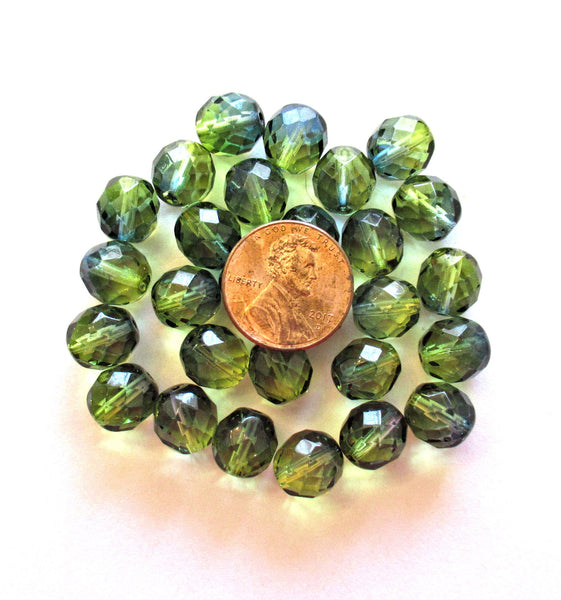Twenty Czech glass fire polished faceted round beads - 10mm olive green or olivine & blue beads C00031
