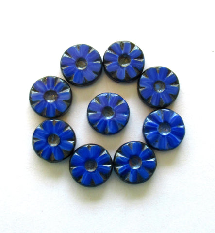 Czech glass flower wheel or coin beads - opaque royal blue silk picasso beads - table cut carved, beads - 10 beads - 12mm x 4mm - C00091