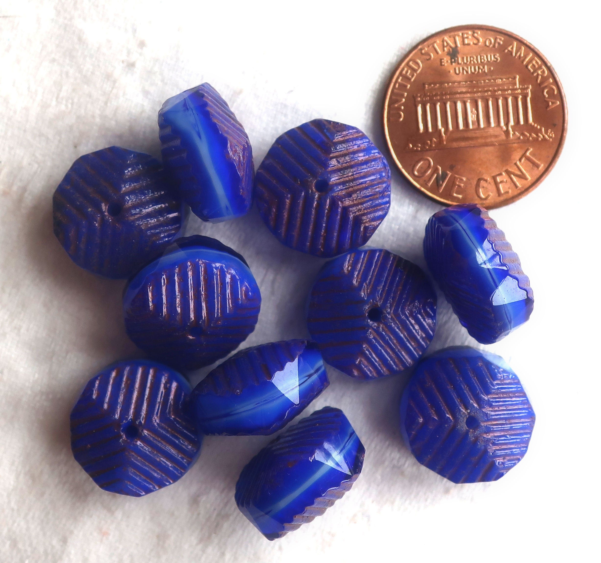 Six Czech glass faceted wavy rondelle beads - large 14 x 6mm royal blue & white with purple/bronze finish - chunky statement beads - C00991