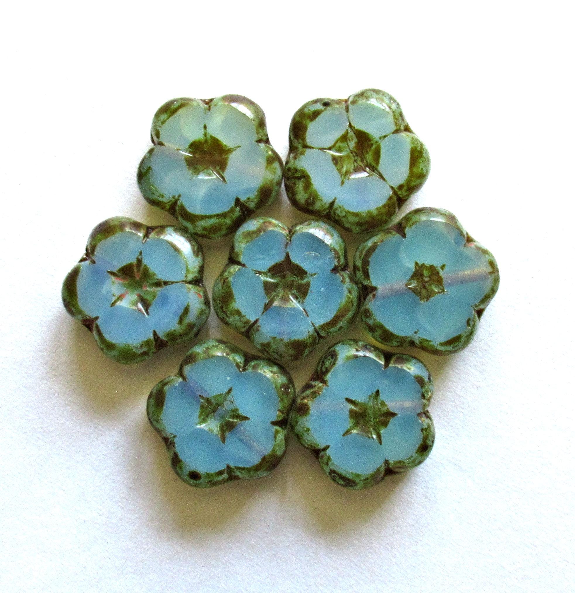 Six Czech glass flower beads - 14mm - translucent milky seafoam green w/ picasso accents - table cut carved - C00541