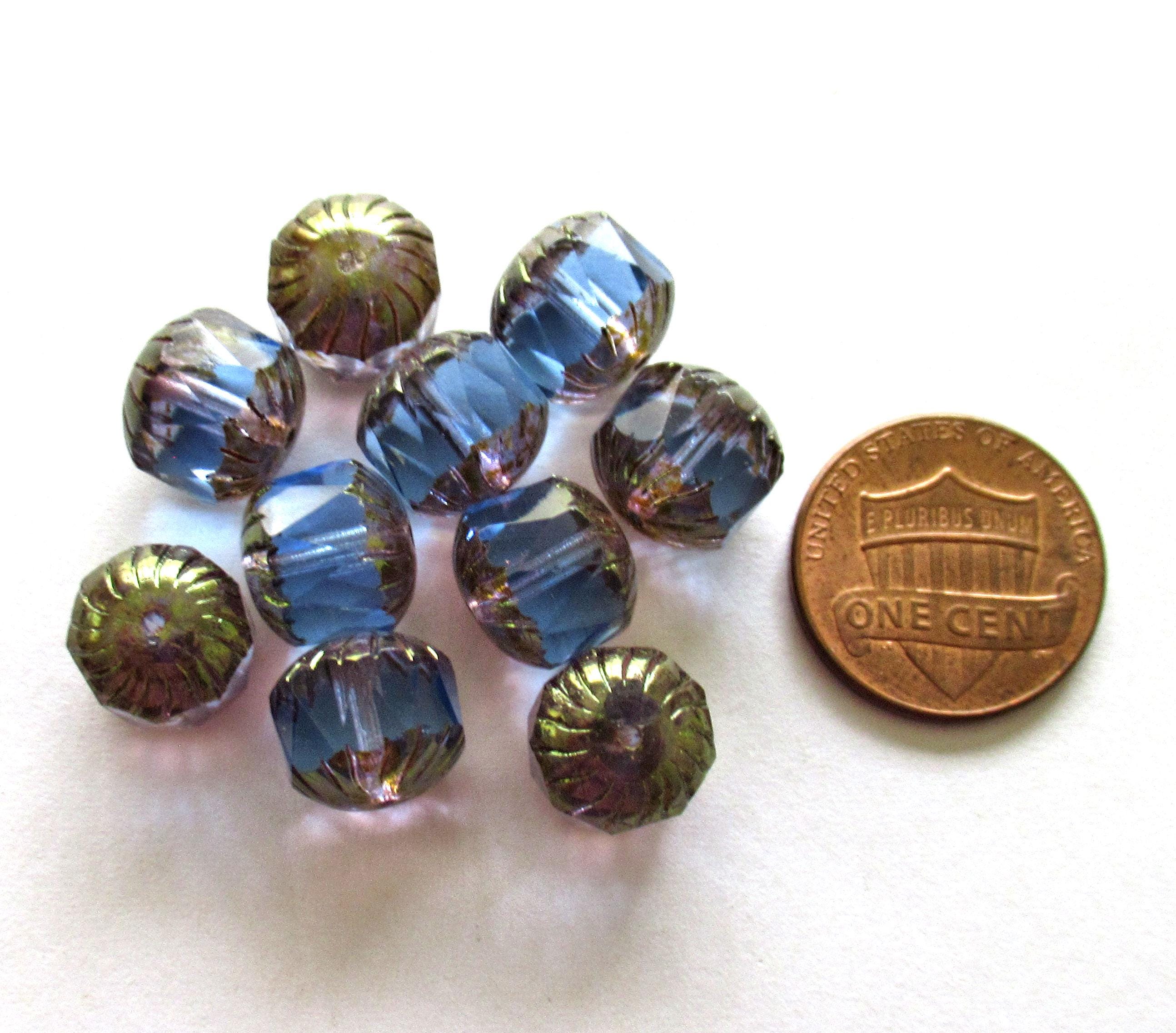 Ten large Czech glass center faceted carved cruller beads - 10mm - round light sapphire blue cathedral beads bronze picasso accents - 00064