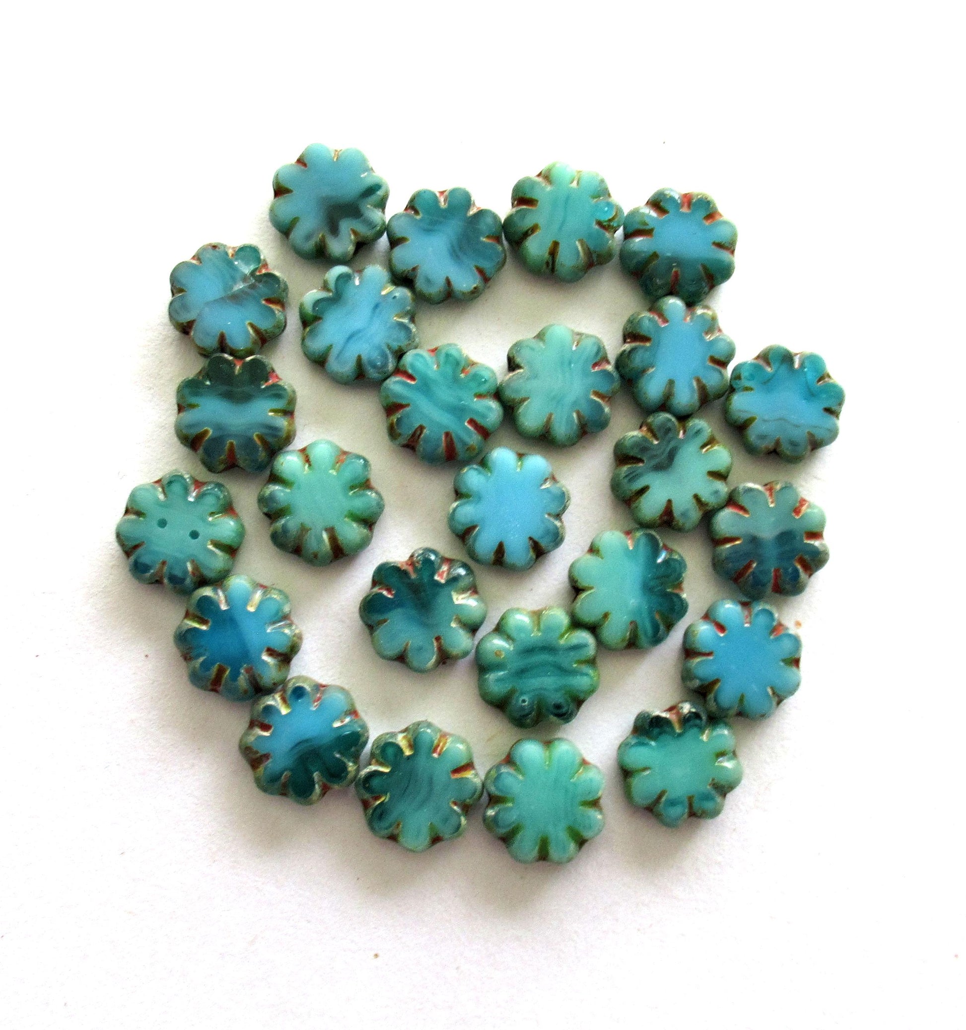 15 Czech glass flower beads - marbled blue & green picasso beads - 9mm - table cut cactus flower beads - C00871 - Glorious Glass Beads