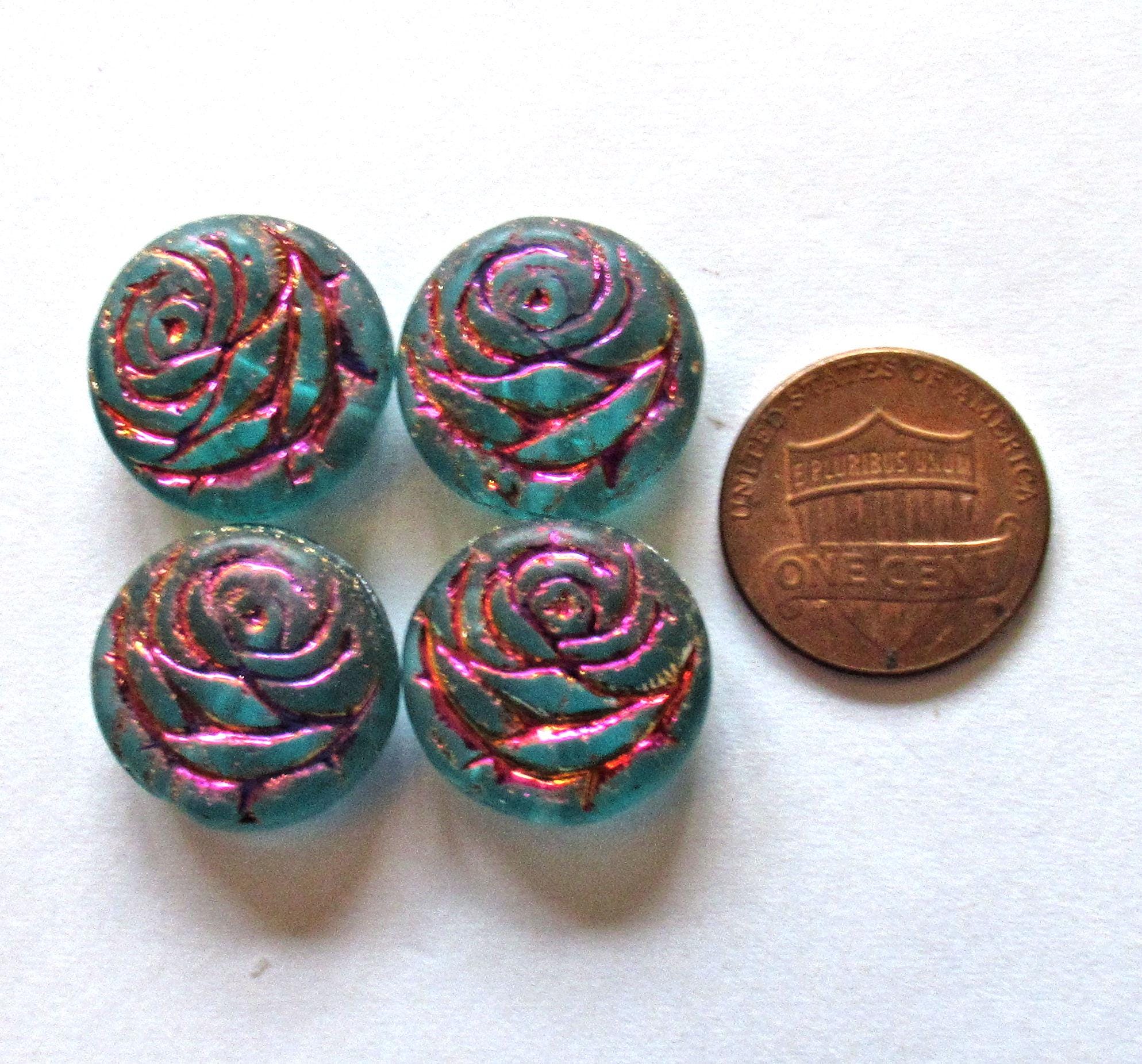 6 Czech glass flower coin beads - 17mm - teal blue green - puffy pillow rose beads w/ a metallic wash - C00522