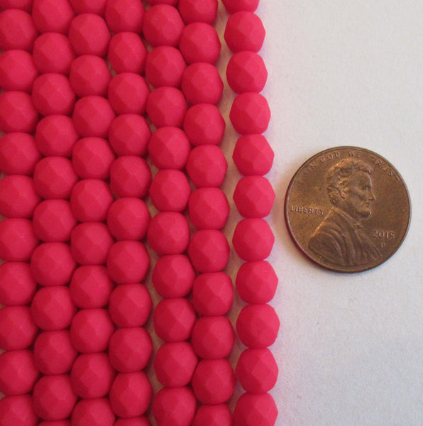 25 6mm Czech glass faceted red beads - opaque Saturated Red matte beads - fire polished round beads - C0016