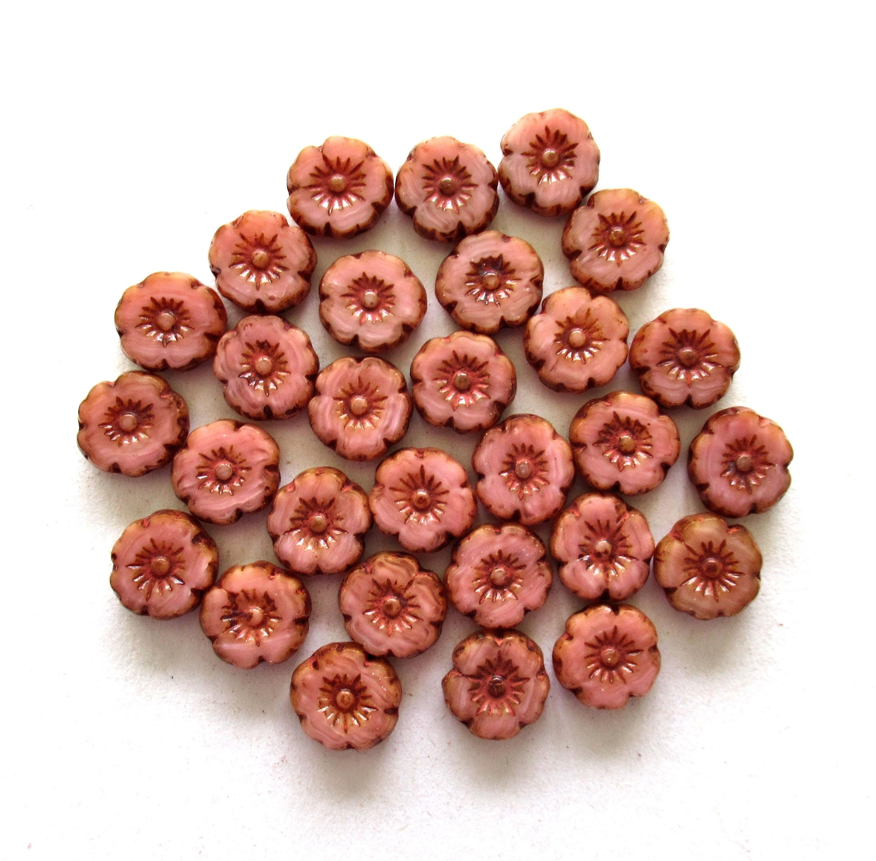 Czech glass flower beads - marbled pink picasso beads - 8mm- table cut carved -Hawaiian hibiscus flowers - 15 pieces - 00121