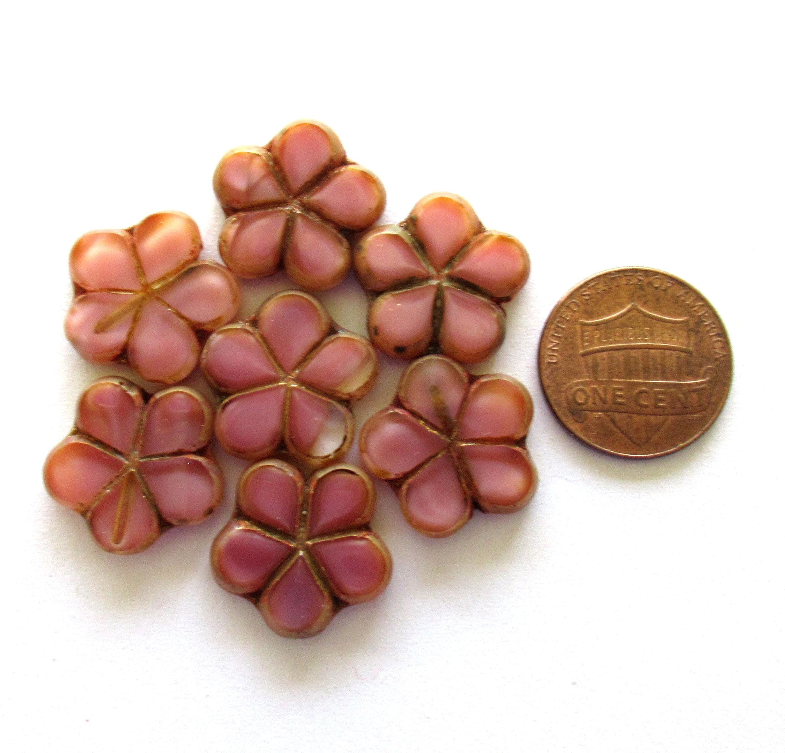 5 Czech glass flower beads - 17mm - translucent pink with brown picasso accents - table cut carved beads - 00561