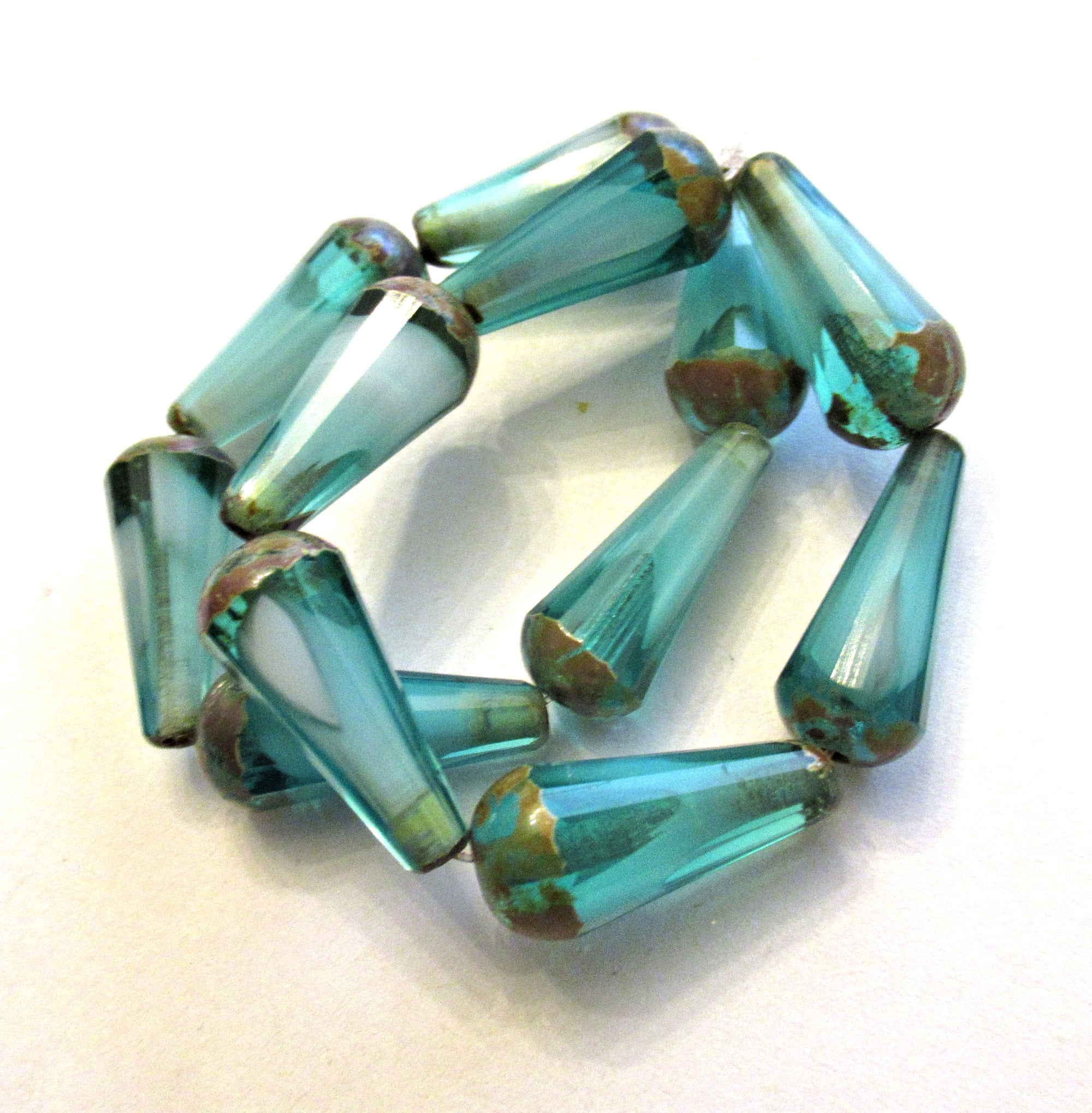 Six Czech glass long faceted teardrop beads - transparent aqua blue w/ white hearts & picasso finish on the ends - 9 x 20mm tear drop 00362