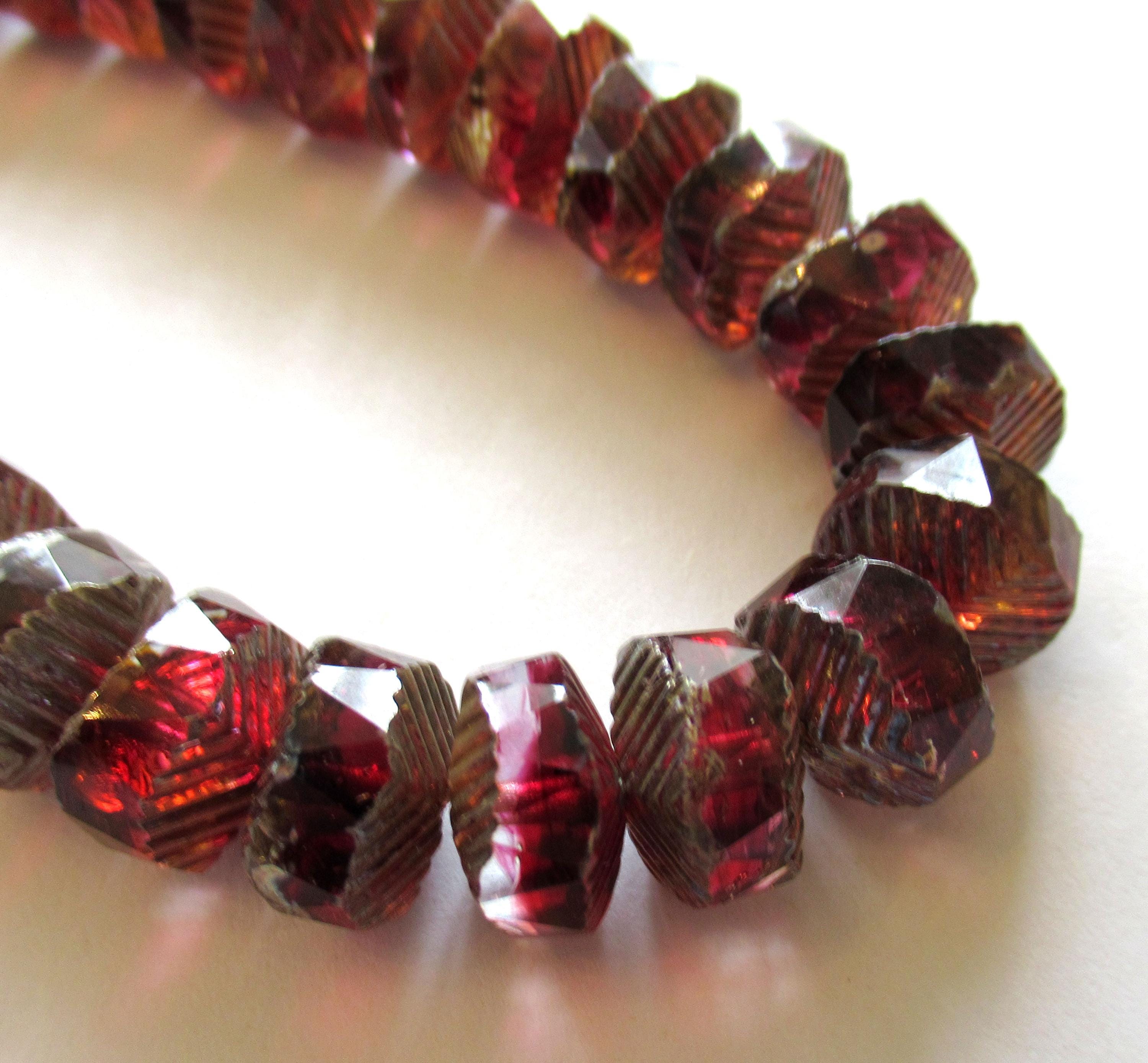 6 Czech glass faceted wavy rondelle beads - large 14 x 6mm deep raspberry pink & crystal chunky statement or focal beads - C00991