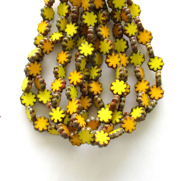 15 Czech glass flower beads - orange & yellow mix picasso beads - 9mm - table cut cactus flower beads - C00261