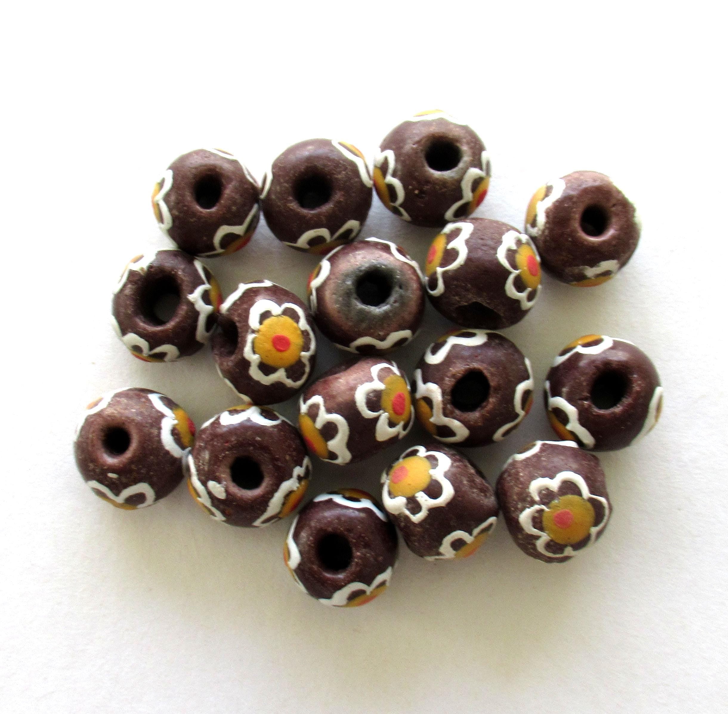 African Ghana Krobo glass donut or rondelle beads - brown floral beads - 12mm - big hole rustic beads - 8 beads - C00021