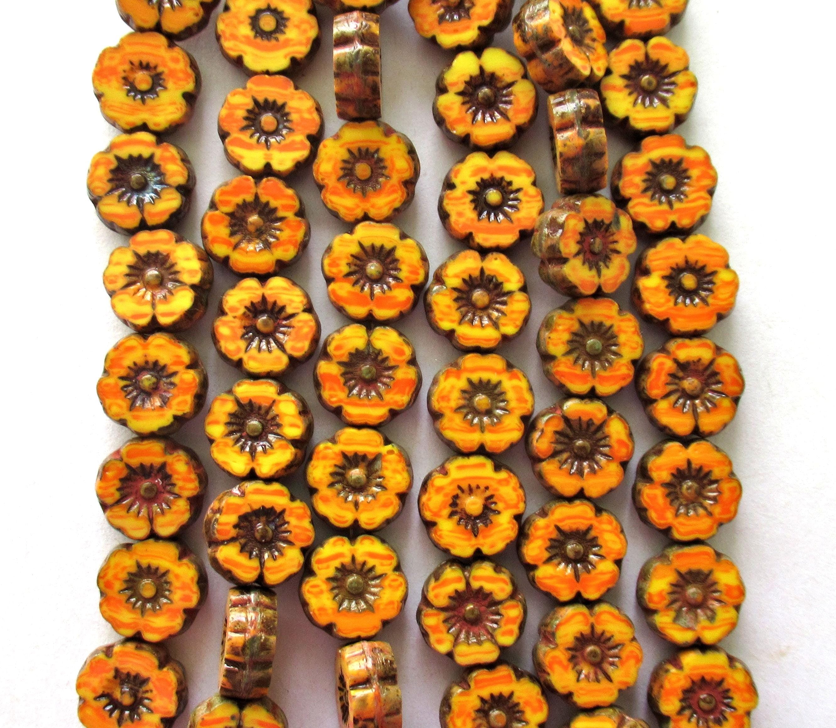 Lot of 15 8mm Czech glass flower beads - marbled opaque orange and yellow - table cut carved Hawaiian flower beads C00311