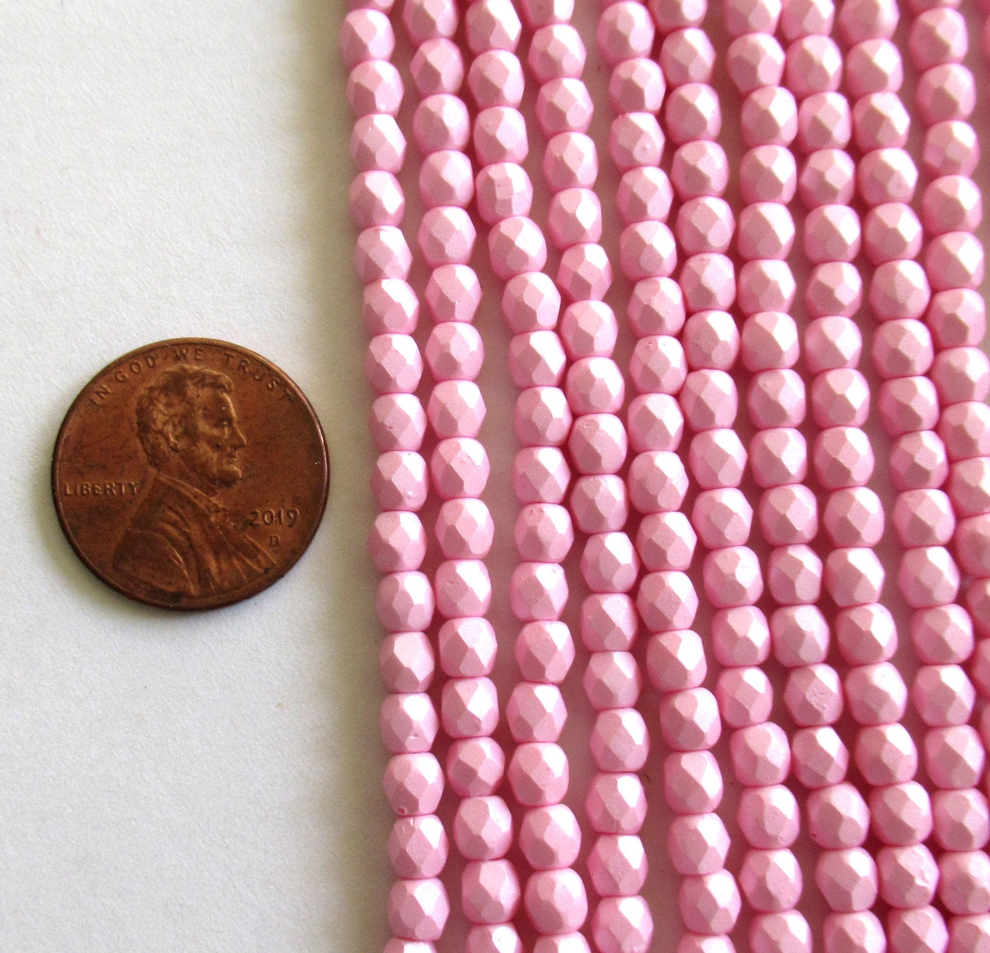 50 4mm Czech glass beads - opaque Powdery Pastel Pink - fire polished faceted round beads - C0018 - Glorious Glass Beads