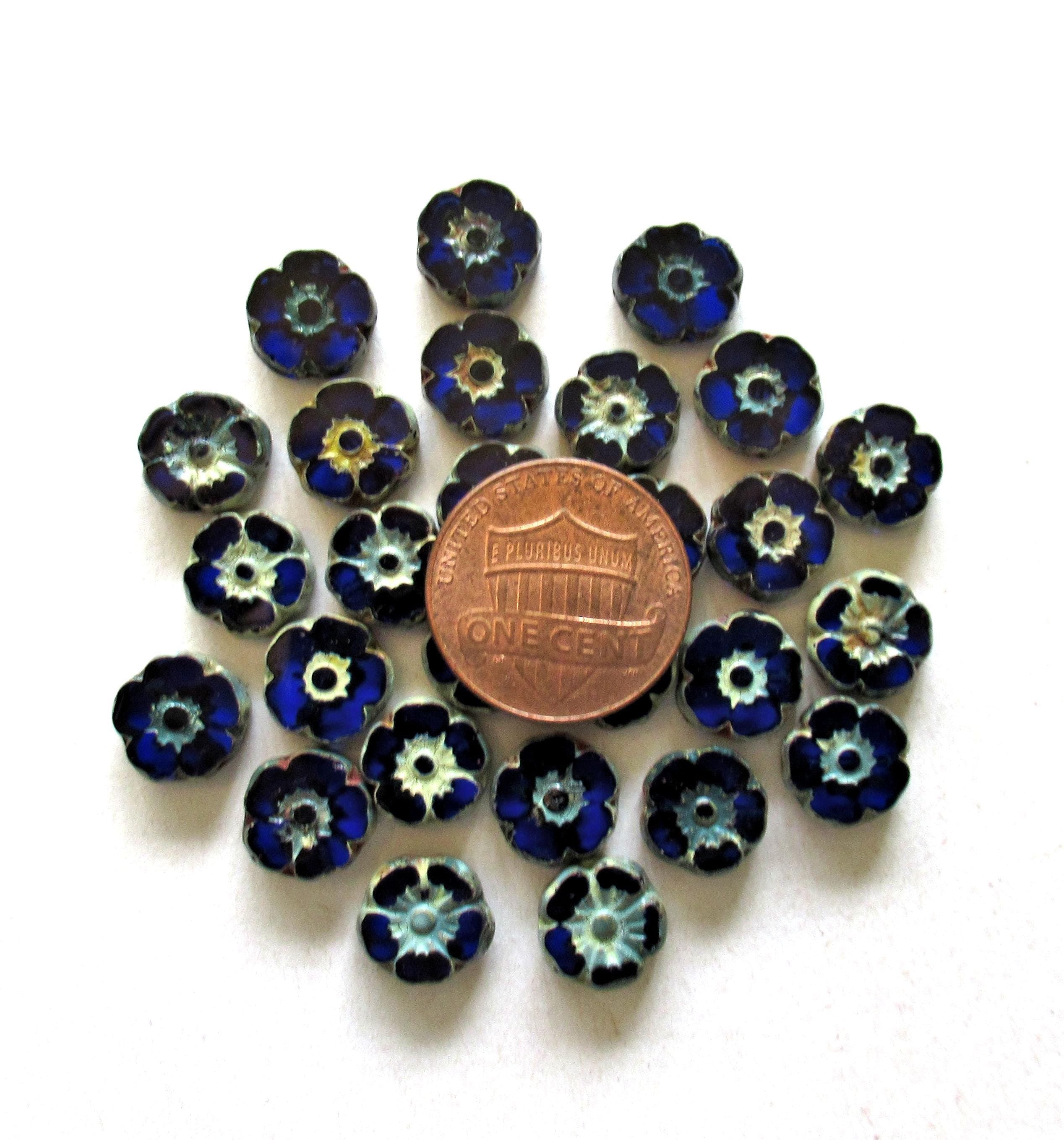 Ten Czech glass flower beads - 10mm transparent cobalt blue picasso Hawaiian hibiscus flowers - table cut carved floral - C00101
