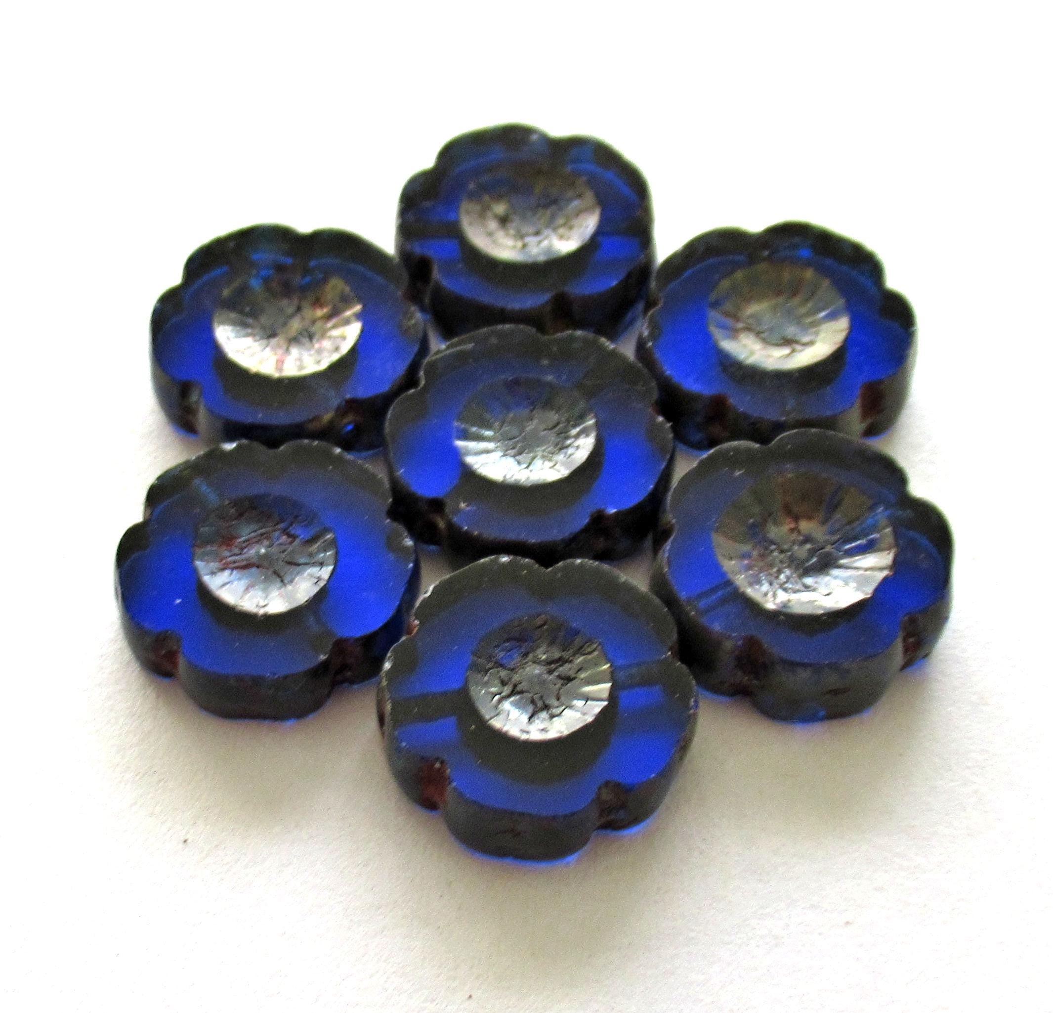 Six 14mm Czech glass flower beads - table cut carved cobalt blue picasso Hawaiian hibiscus flowers - C00021