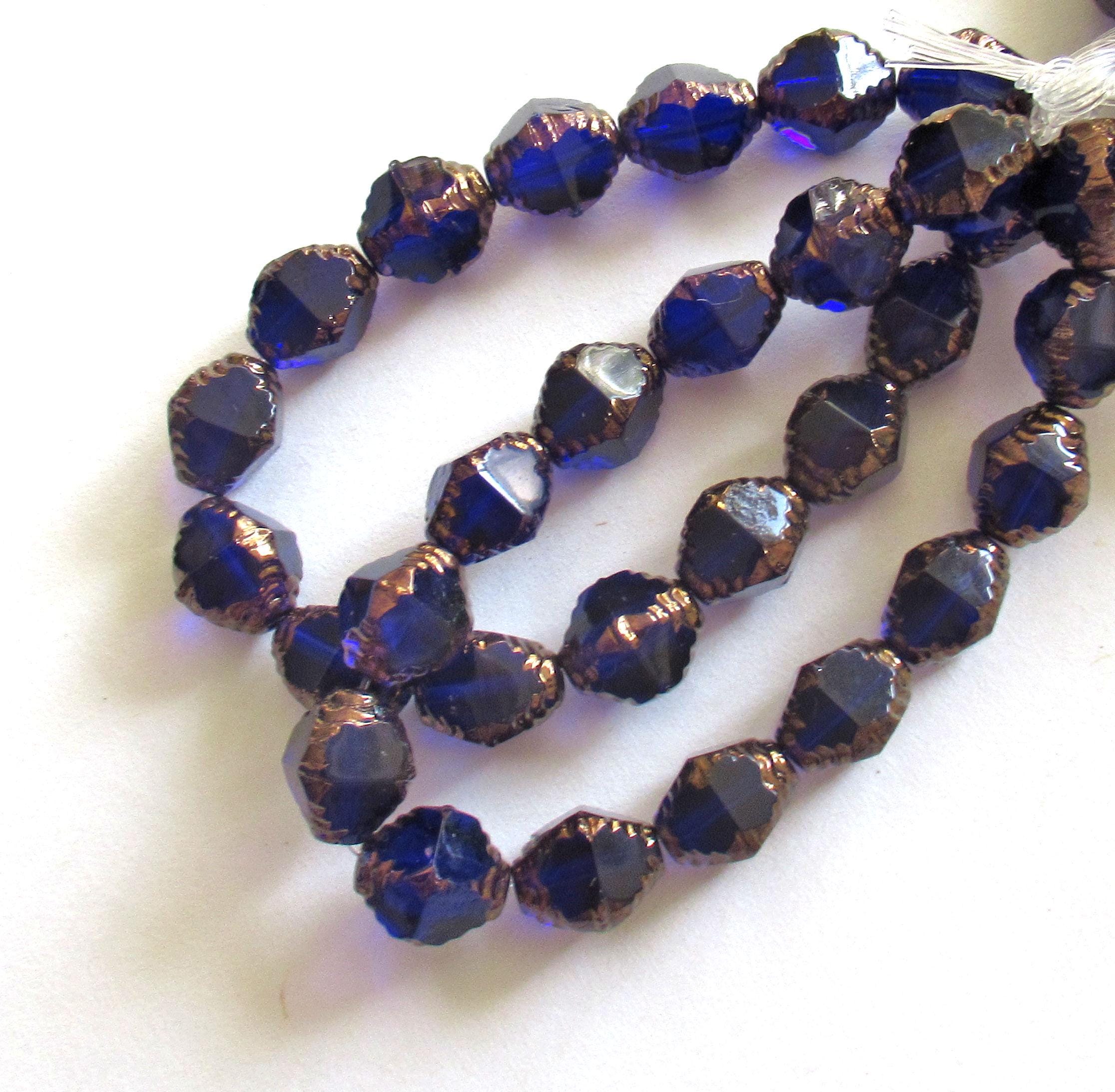 15 Czech glass bicones - 8 x 10mm cobalt blue w/ bronze accents - carved notched bicone beads - C00542