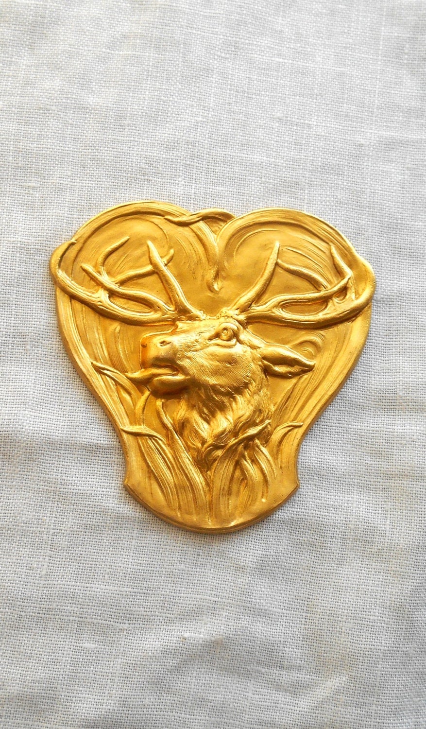 1 large raw brass stamping, Victorian, Arts & Crafts deer, buck, antlers, pendant, connector, ornament, 51mm USA made C11101