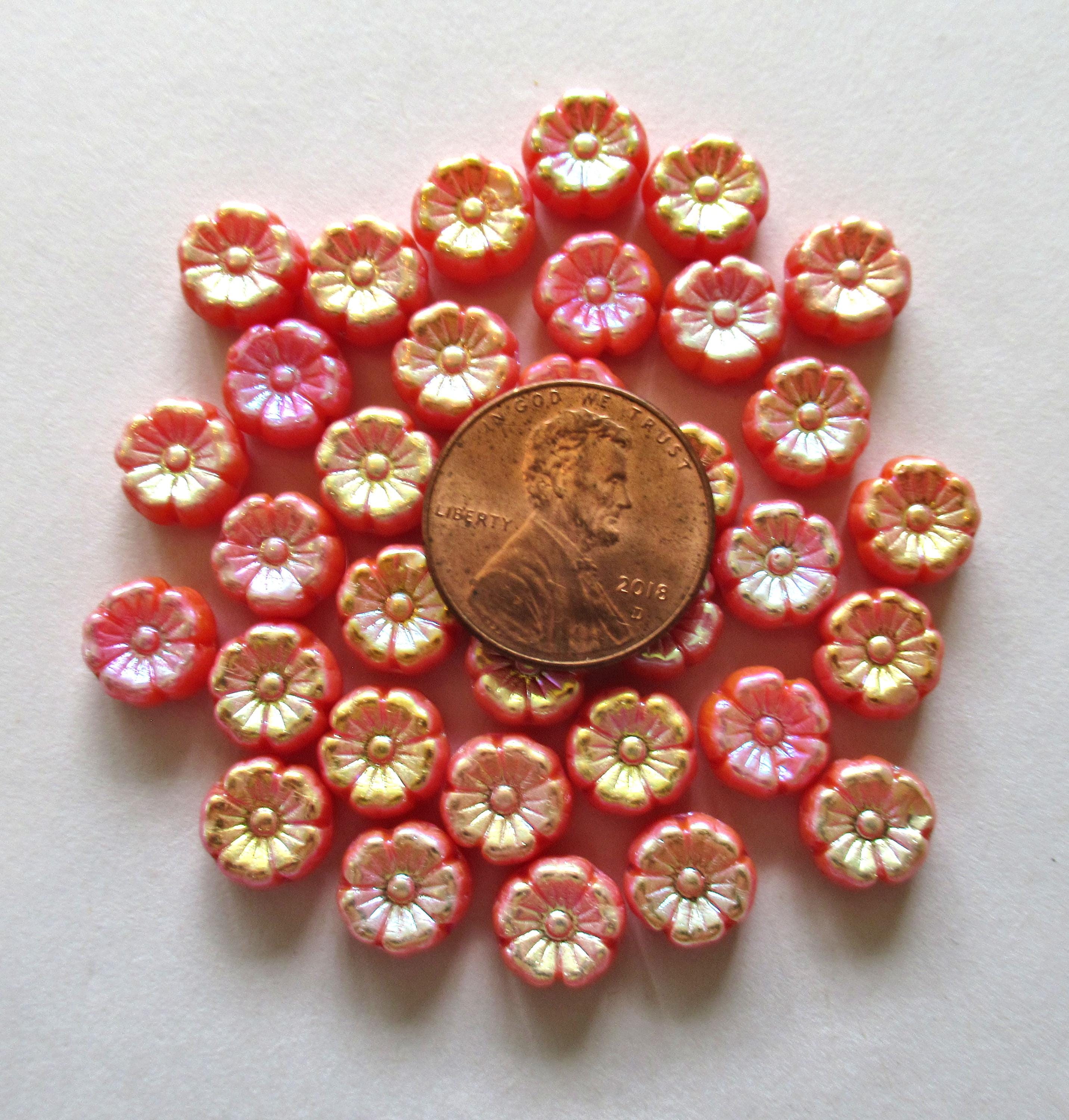 Fifteen 8mm Czech glass flower beads - opaque orange with an ab finish on both sides - pressed glass Hawaiian hibiscus flower beads C00501
