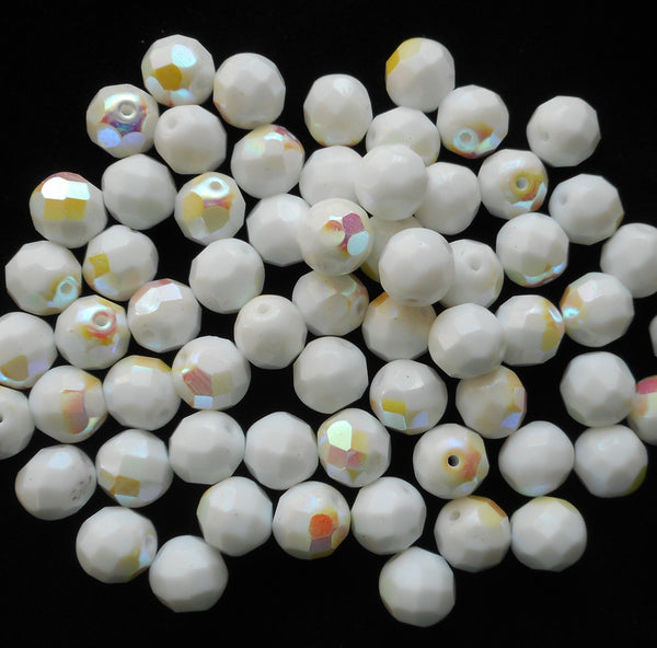 25 8mm Czech glass beads, Opaque White AB firepolished, faceted round beads C40125