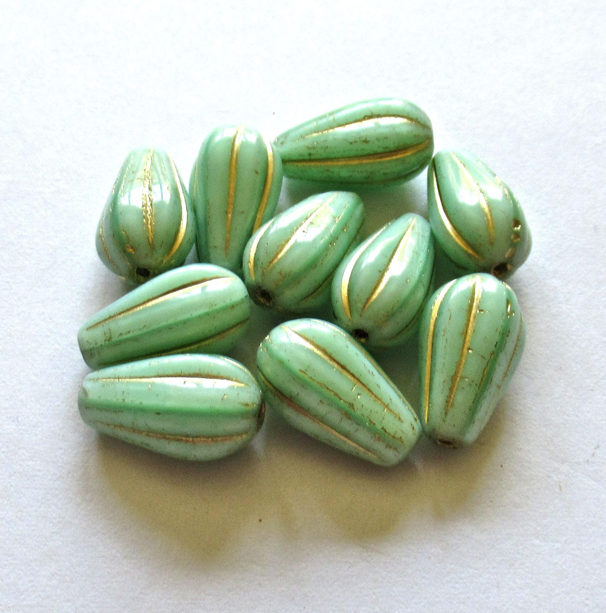 Ten Czech glass teardrop melon beads - mint green w/ gold accents - 15 x 8mm tear drops - 00071