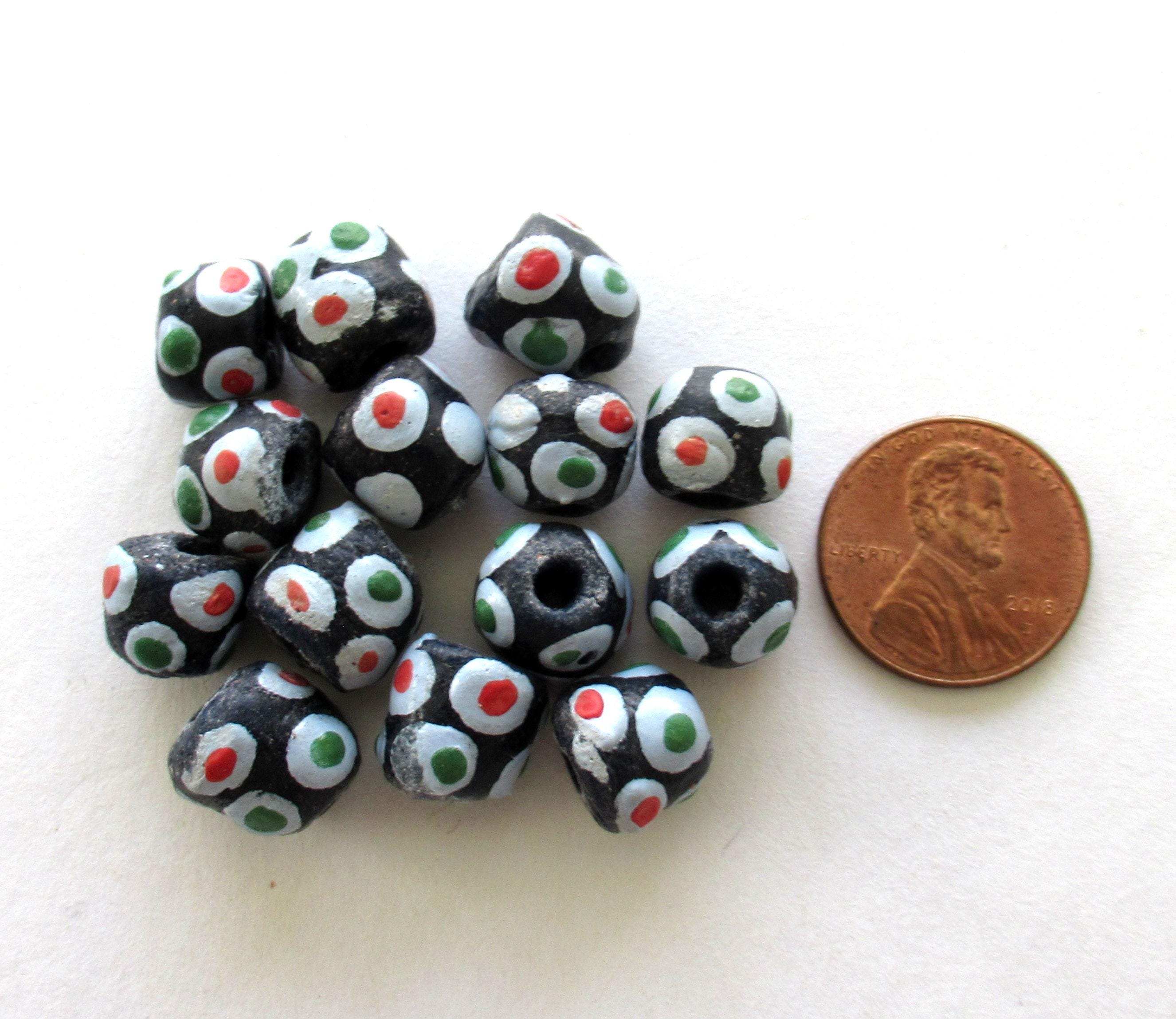 African Ghana Krobo round glass beads - black beads with dots - 9.5-11mm - big hole rustic beads - ten beads - C00401