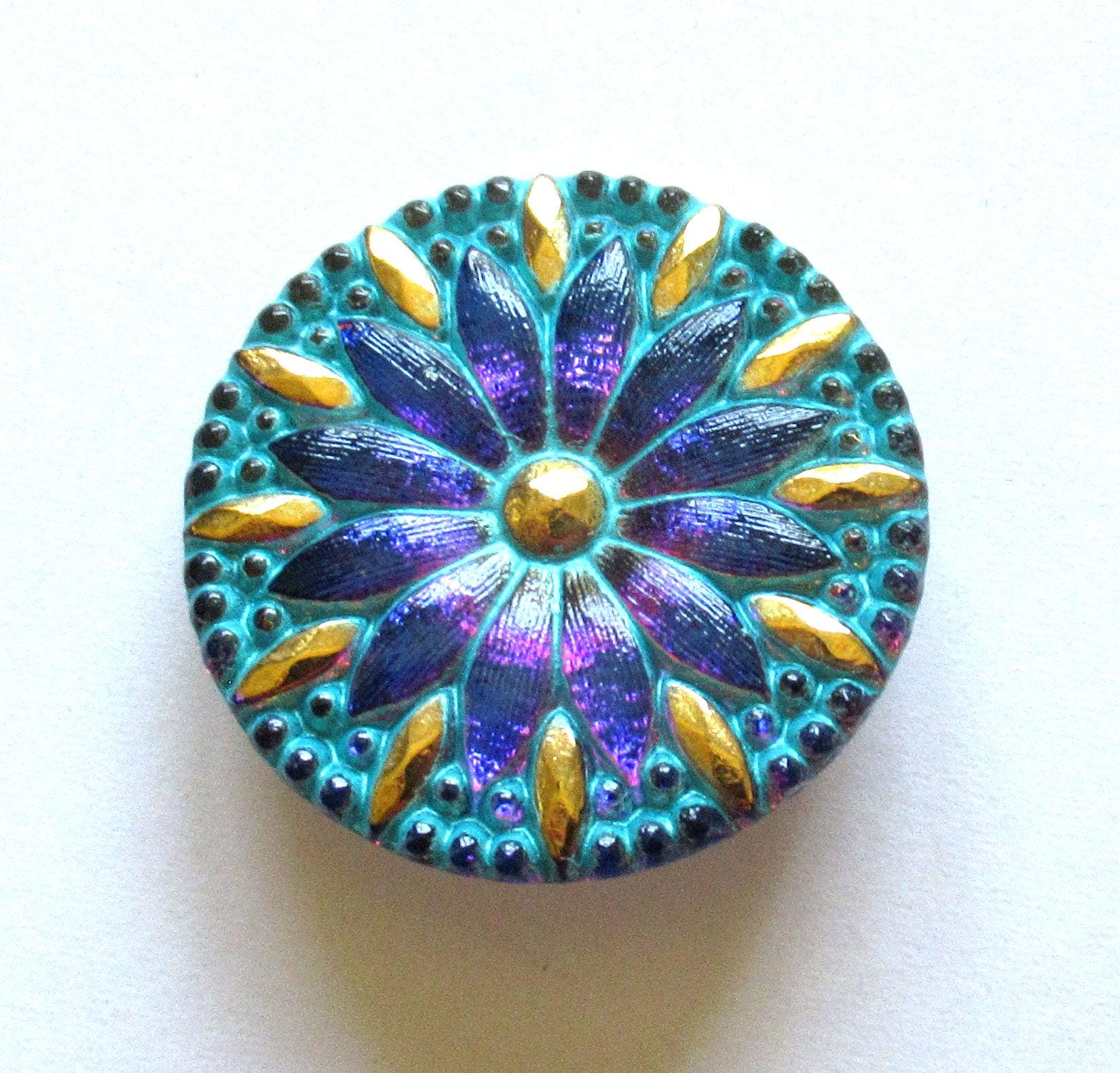One 30mm Czech glass daisy flower button - iridescent blue & purple with gold accents and a blue wash - decorative shank button - 00054
