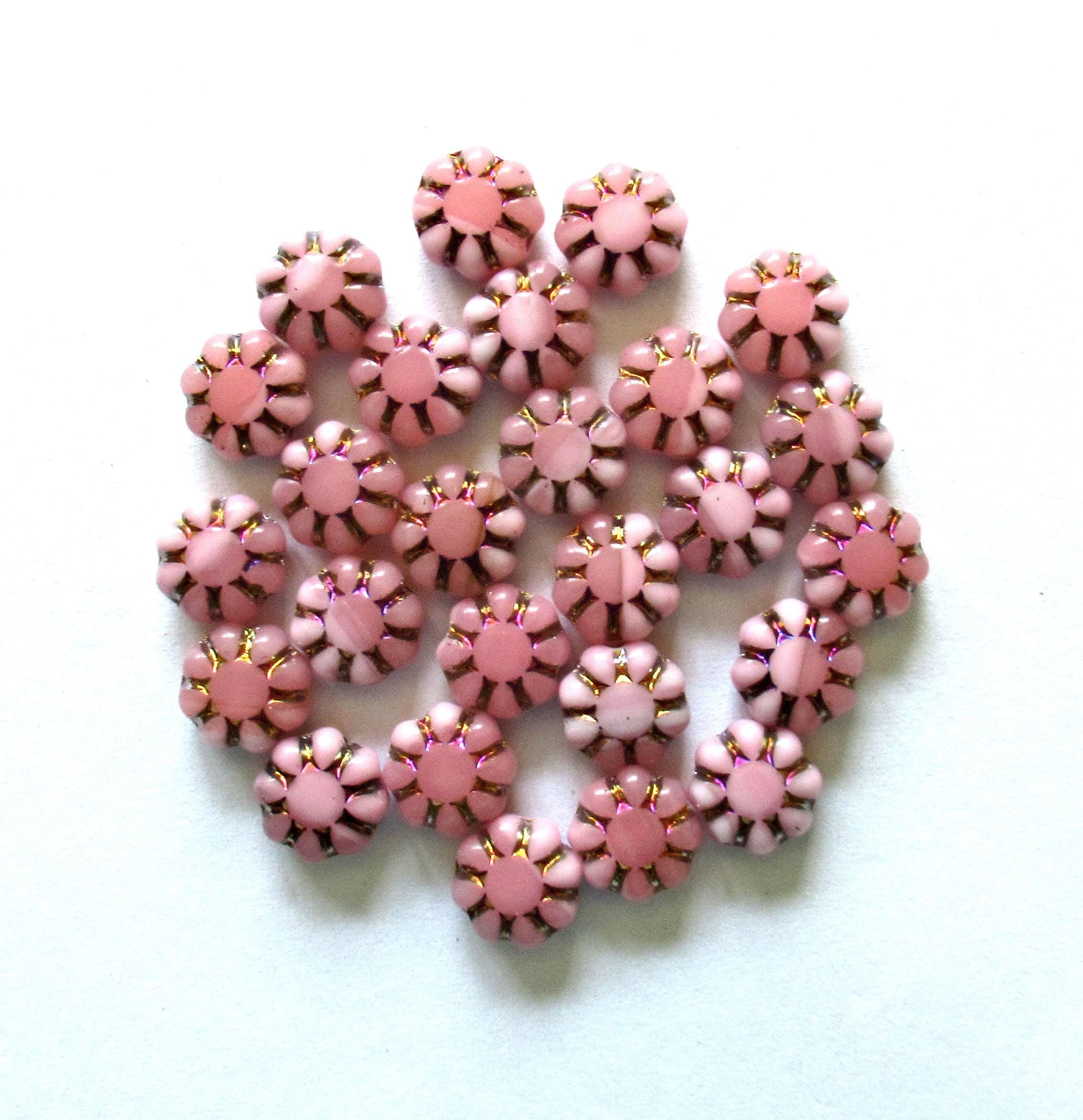 15 Czech glass flower beads - light & dark pink with a metallic wash - 9mm - cactus flower beads - C00402