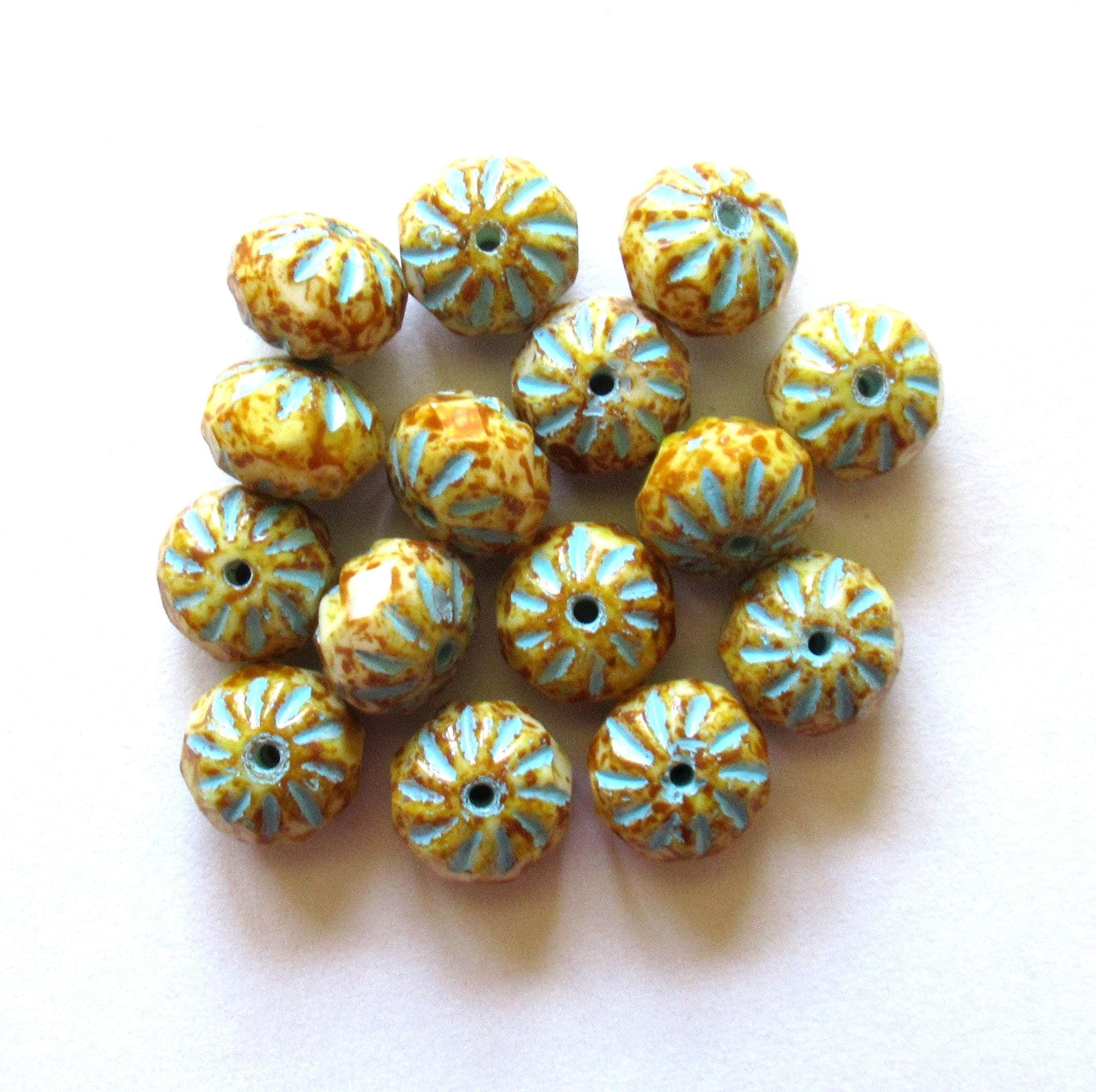 Ten Czech glass cruller beads - 7 x 10mm - off white w/ full picasso coat & blue wash - carved faceted rondelles - 00002