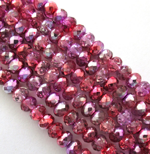Lot of 25 6 x 9mm Czech glass puffy rondelle beads - pink mix metallic ab fire polished, faceted beads C00312